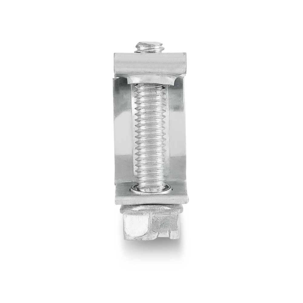 Detailansicht der ABA Mini Schlauchschelle mit Schraubmechanismus. ABA Mini Schlauchschelle, silberfarbenes Spannelement mit Gewindeschraube und Sechskantmutter.