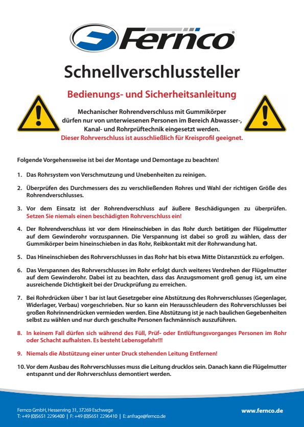 Bedienungs- und Sicherheitsanleitung für den Fernco Schnellverschlussteller DTP aus Aluminium mit EPDM-Dichtung, die detaillierte Schritte zur Montage und Demontage sowie wichtige Sicherheitshinweise für den Einsatz in der Abwasser-, Kanal- und Rohrprüfun