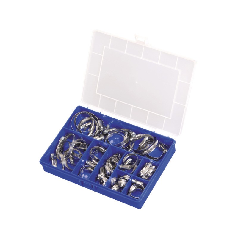 Sortiment Schlauchschellen in Kunststoff-Organizer-Box Offene blaue Sortierbox mit einem Sortiment an glänzenden silbernen Schlauchschellen in verschiedenen Größen.