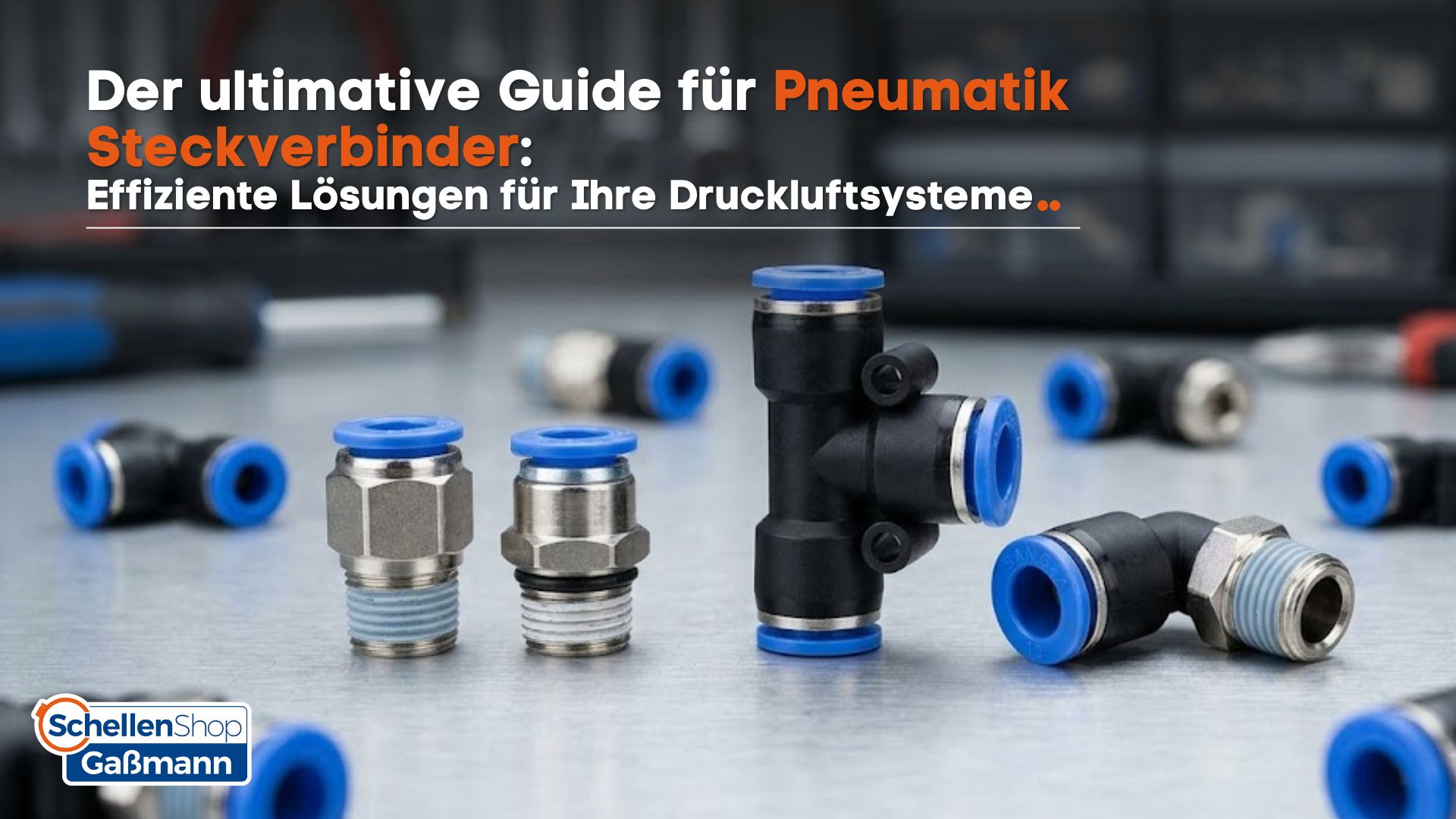 Nahaufnahme verschiedener Pneumatik-Steckverbinder in Schwarz und Silber mit blauen Klemmringen auf einer metallischen Oberfläche, passend zum Thema 'Der ultimative Guide für Pneumatik Steckverbinder: Effiziente Lösungen für Ihre Druckluftsysteme'.