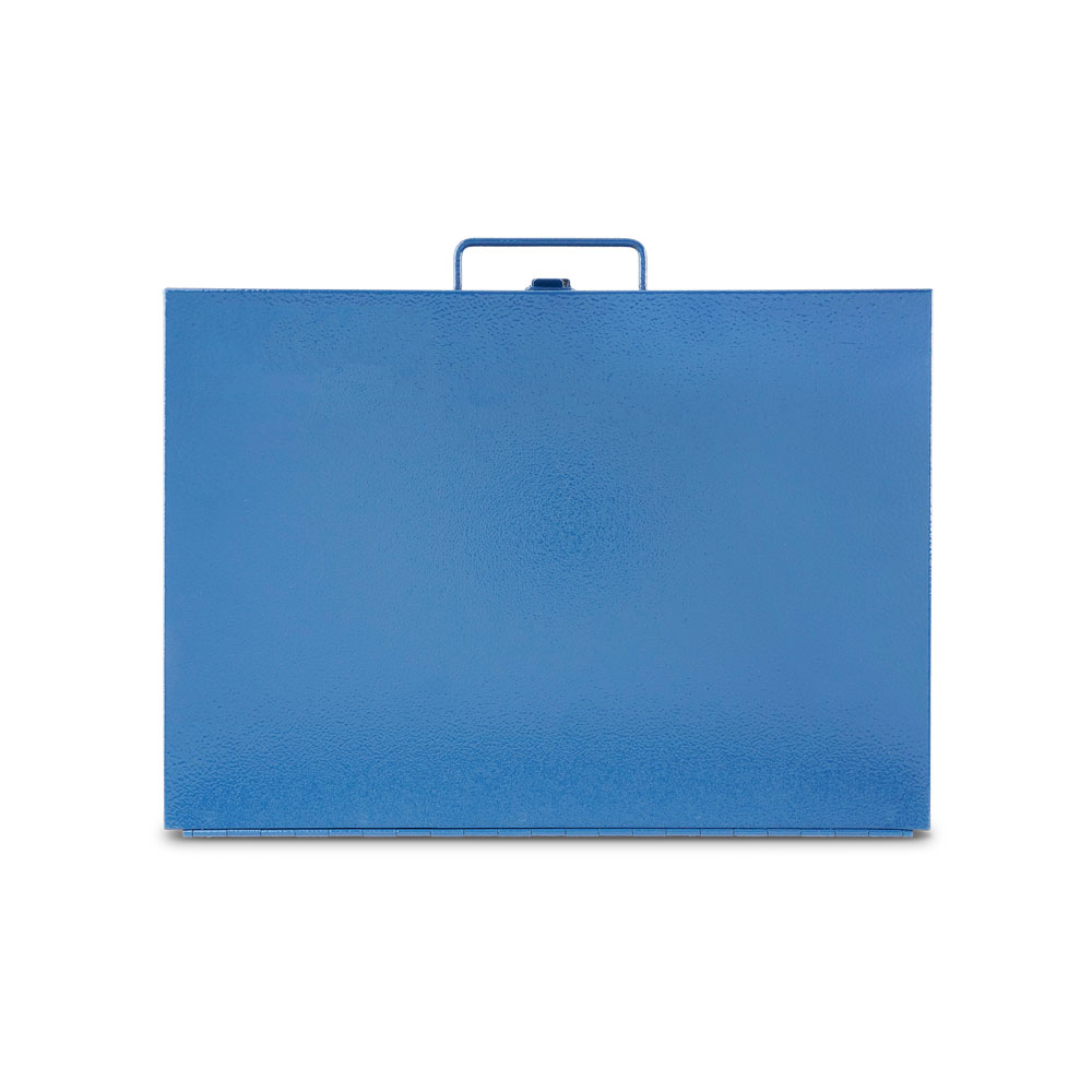 Stabile blaue Metallkassette für sicheren Transport und Aufbewahrung. Blaue, rechteckige Metallkassette mit Tragegriff und texturierter Oberfläche.