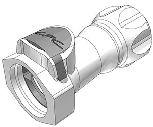 HFCD191235BSPP Schnellverschlusskupplung 3/4 Zoll BSPP Innengewinde mit Absperrventil und EPDM-Dichtung. Die technische Zeichnung zeigt die hellgraue Kupplung schräg von oben, mit deutlich sichtbarem Innengewinde und dem dunkelgrau akzentuierten Verschlus