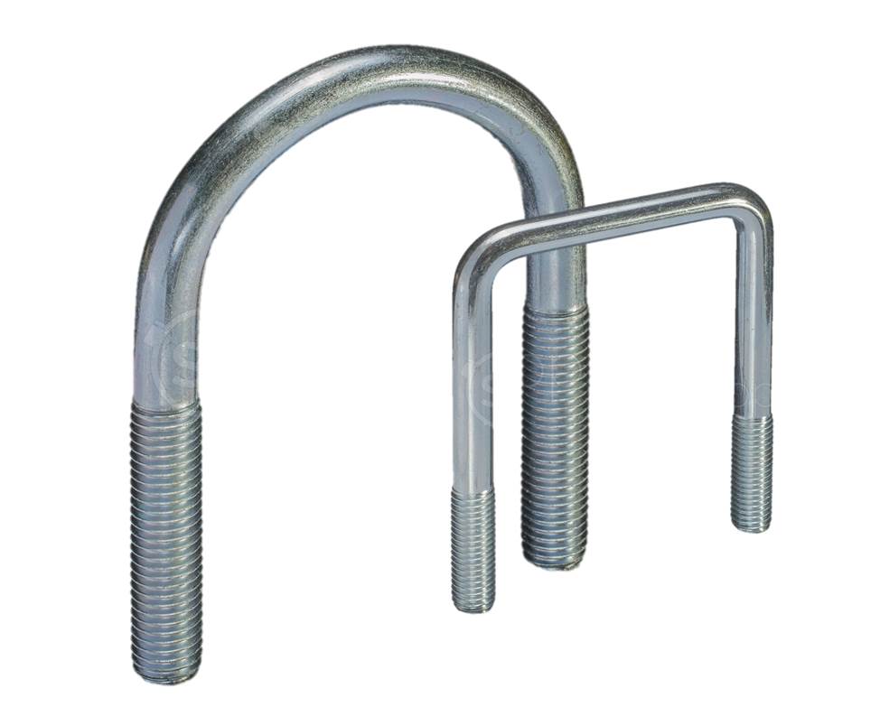 Zwei verzinkte Bügelschellen in unterschiedlichen Größen mit Gewindeenden von Bügelschellen im Fokus.