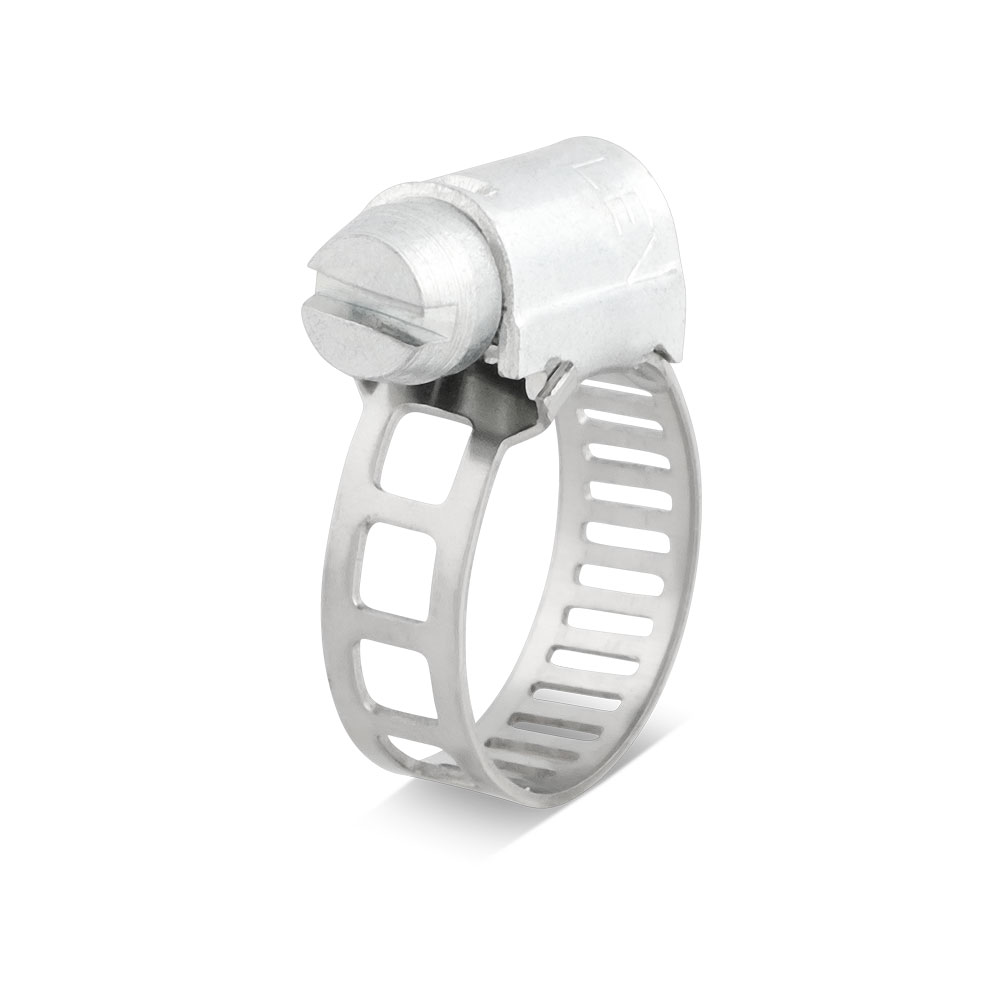 Serflex Micro Schneckengewindeschelle mit geschlitzen Band, 5 mm breit Metallische Schlauchschelle Serflex-Micro mit Schlitzschraube und gelochtem Band auf weißem Hintergrund.