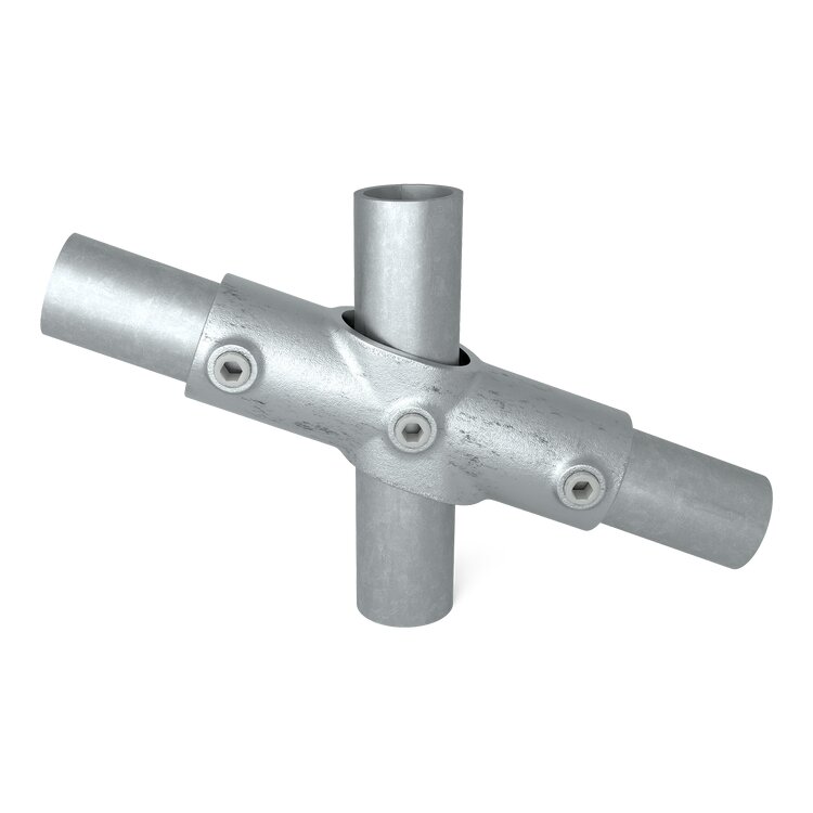 Silberner Rohrverbinder Kreuzverbinder variabel Typ 22U für Rohre mit einem Gefälle von 11°-30°, detaillierte Ansicht des robusten Metallverbinders mit seitlichen und vertikalen Anschlüssen sowie sichtbaren Inbusschrauben.