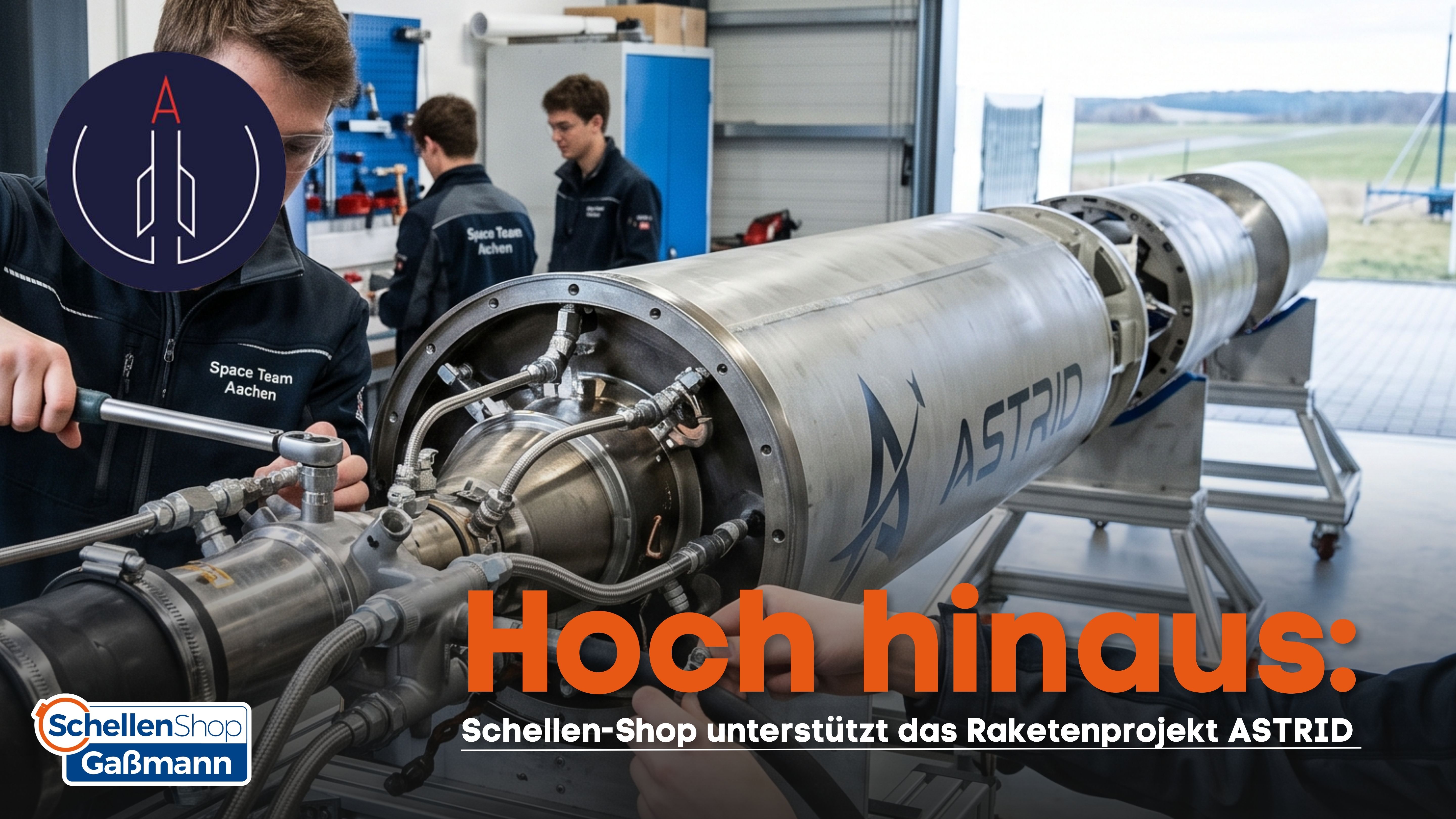 Zwei Studenten des Space Team Aachen montieren ein großes, silbernes Raketentriebwerk des Projekts ASTRID, wobei ein Student eine Verbindung mit einem Drehmomentschlüssel festzieht. Der Schellen-Shop Gaßmann unterstützt dieses Raketenprojekt.