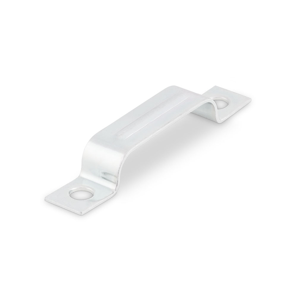 BSL DIN 72573 Halterung für vier Leitungen Silberfarbene BSL DIN 72573 Metallhalterung für vier Leitungen, U-förmig mit je einem Befestigungsloch an beiden Enden, auf weißem Hintergrund.