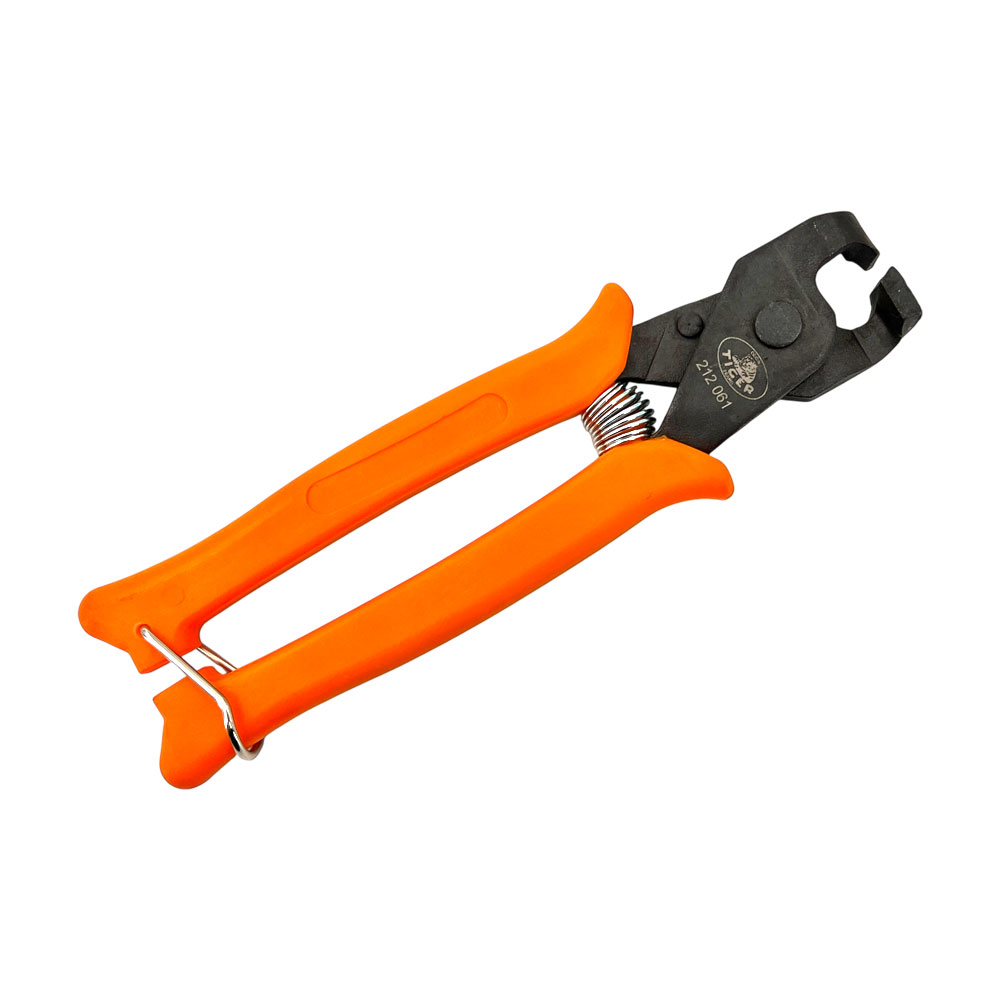 Schlauchklemmen-Zange für COBRA, CLIC und CLIC-R Schlauchschellen mit schwarzen Backen und leuchtend orangefarbenen Griffen, auf weißem Hintergrund schräg von oben abgebildet.