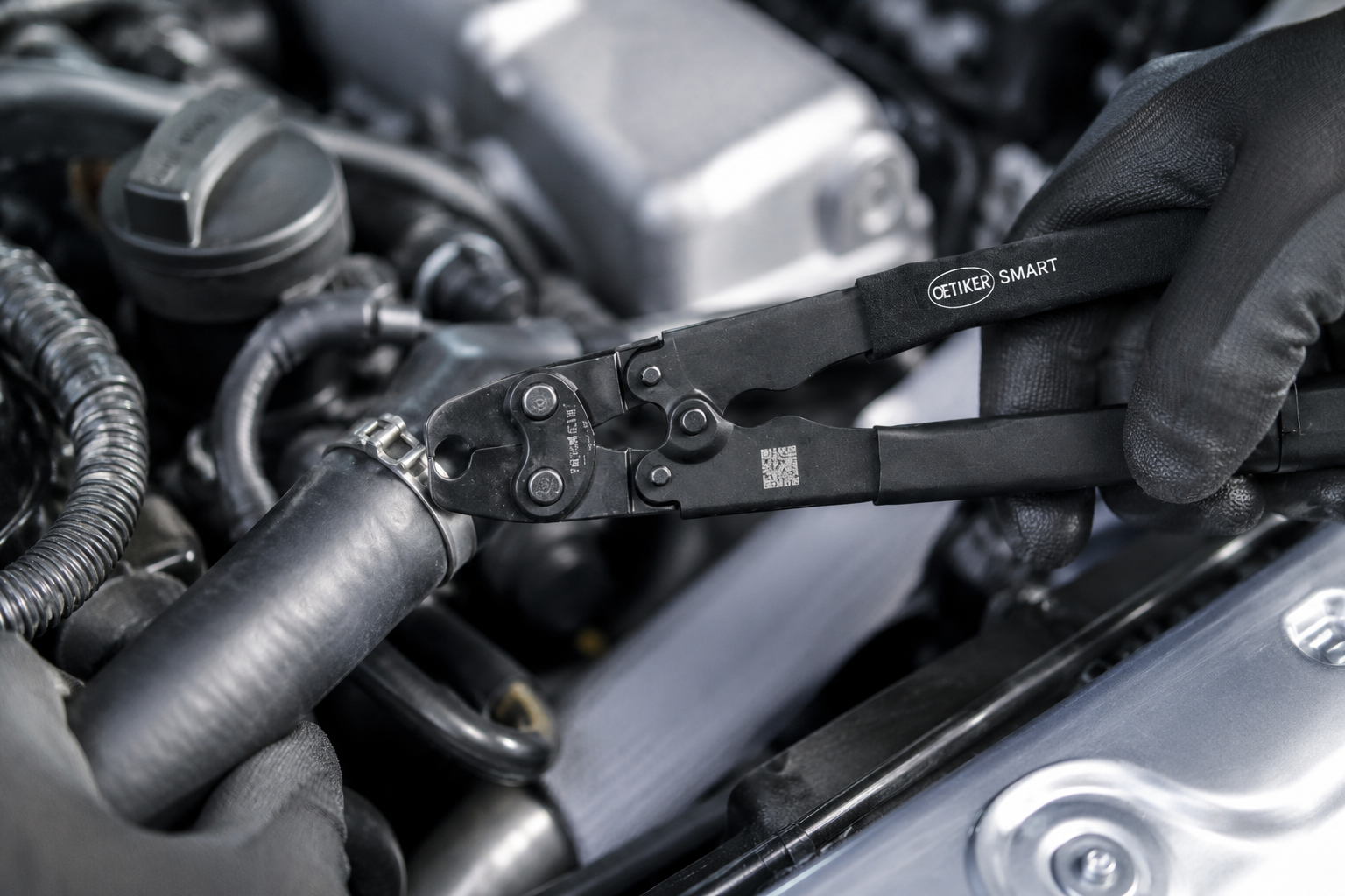 Eine behandschuhte Hand verwendet das Oetiker SMART Tool zur Montage einer Schlauchklemme an einem schwarzen Gummischlauch im Motorraum eines Fahrzeugs.