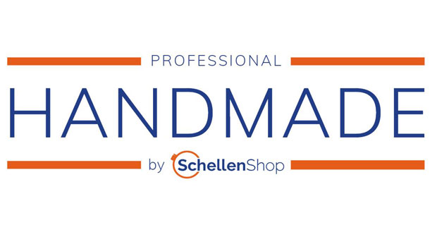 SchellenShop Logo: Kennzeichnung für professionell handgefertigte Produkte von hoher Qualität. Logo mit dem Schriftzug 'PROFESSIONAL HANDMADE by SchellenShop' in Blau, umrahmt von orangen Linien, das auf handwerkliche Qualität hinweist.