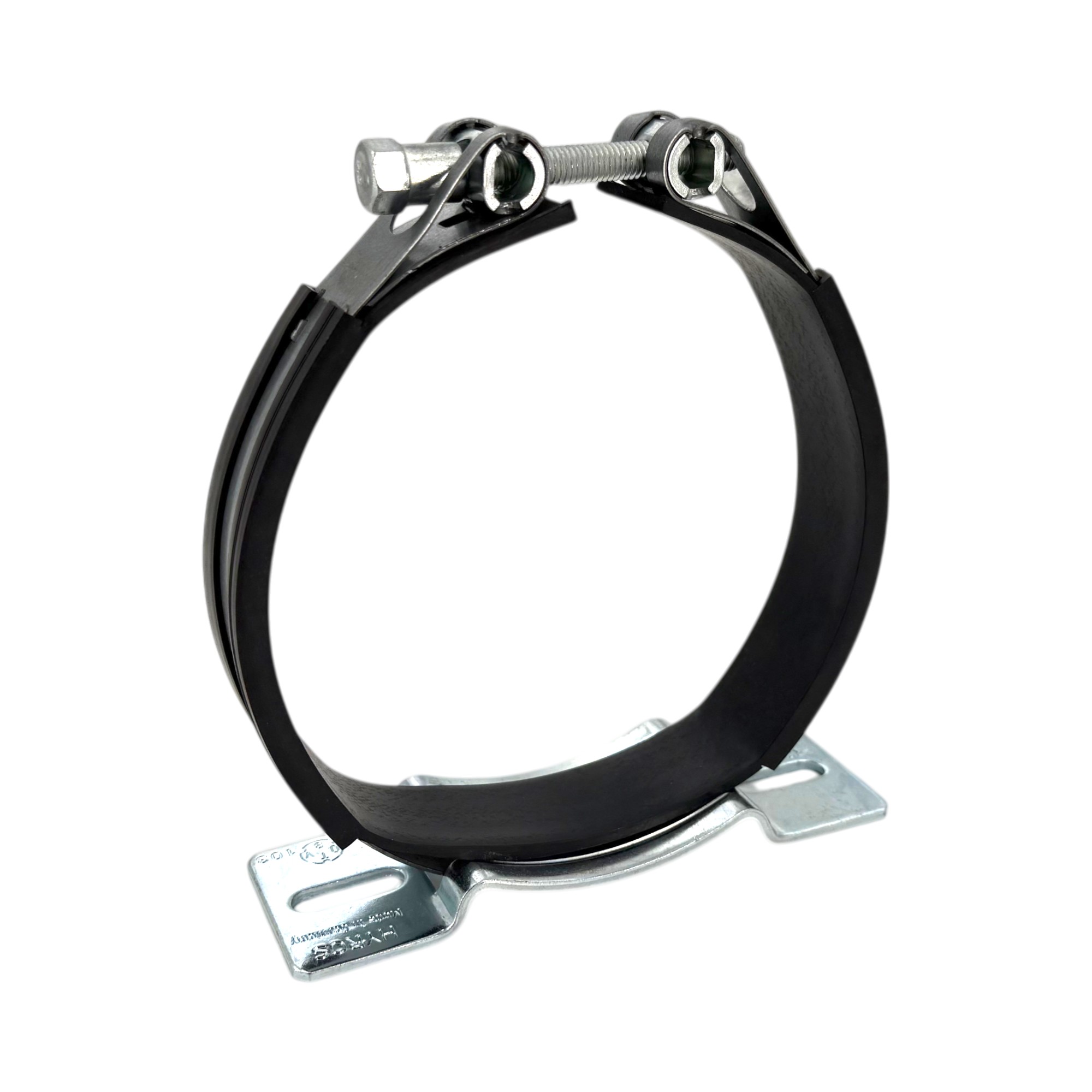 Gelenkbandschelle / Speicherschelle mit schwarzer Gummierung und silberner Konsole K1, aus der Nähe auf weißem Hintergrund fotografiert, deutlich sichtbar sind der Schraubverschluss und die Halterung.