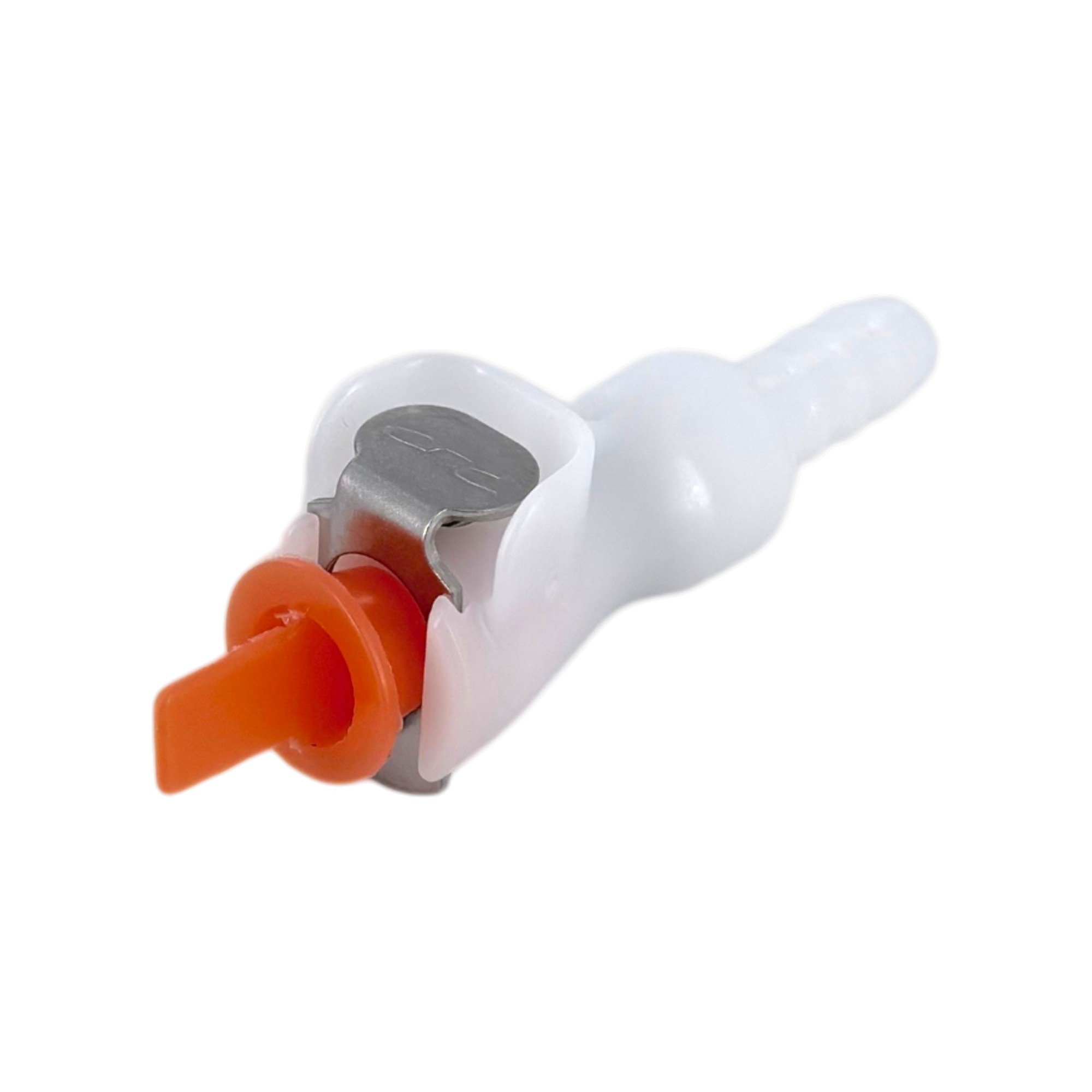 PMC31 Staubstecker aus weißem Kunststoff mit orangefarbenem Dichtungseinsatz, passend für CPC Kupplungen der PMC-, PMC12- und MC-Serie zum Schutz vor Staub und Schmutz.