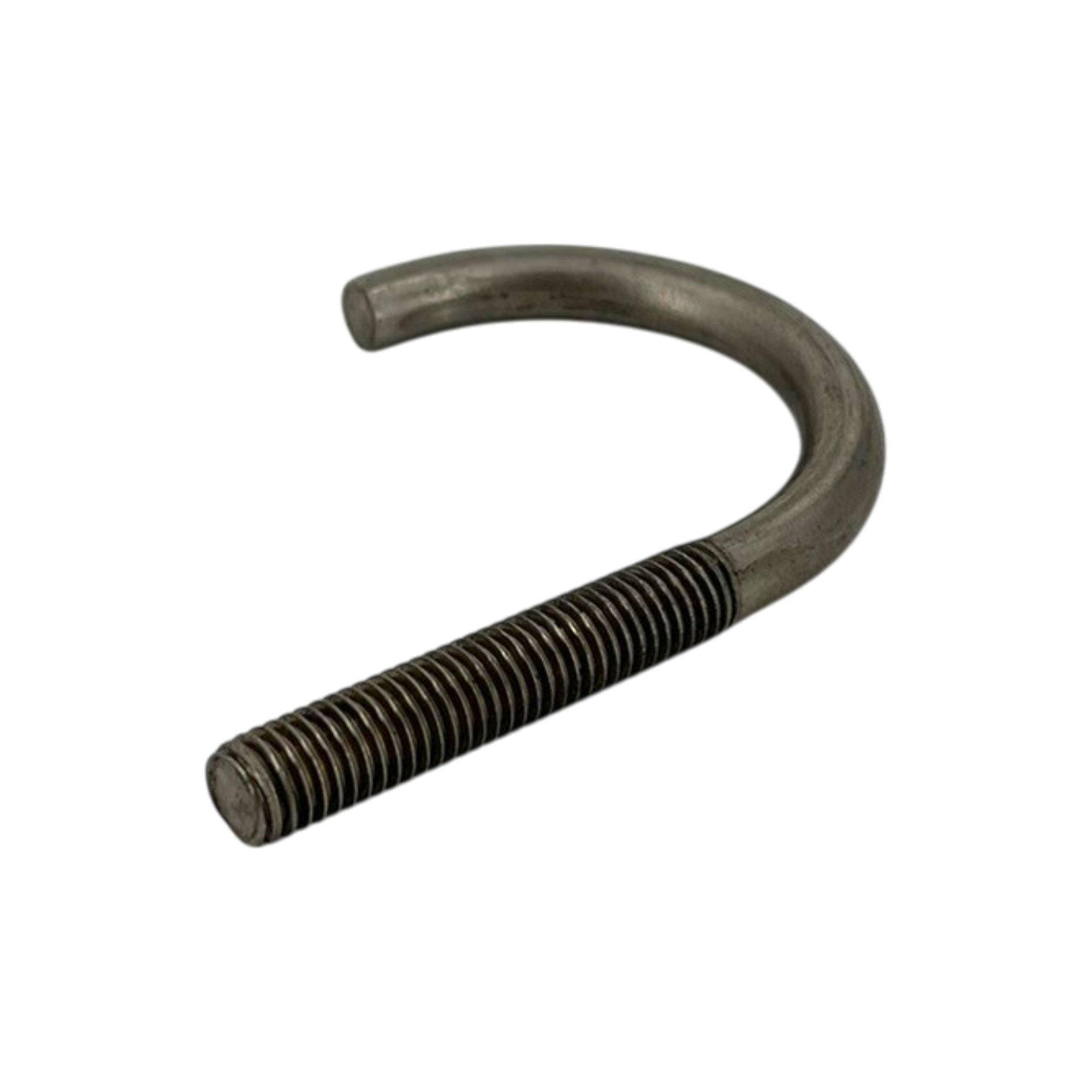 Abbildung eines Rundstahlbügels DIN 3570 Form B aus mattem Edelstahl A4, mit einem Gewinde M10x50 an einem Schenkel und einem Innenmaß von 52 mm, auf weißem Hintergrund.