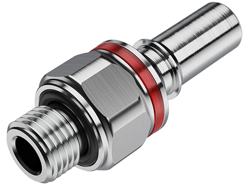 LQ4D47004RED Schlauchtülle aus gebürstetem Metall mit 1/4 Zoll G Außengewinde, roter EPDM-Dichtung und integriertem Absperrventil.