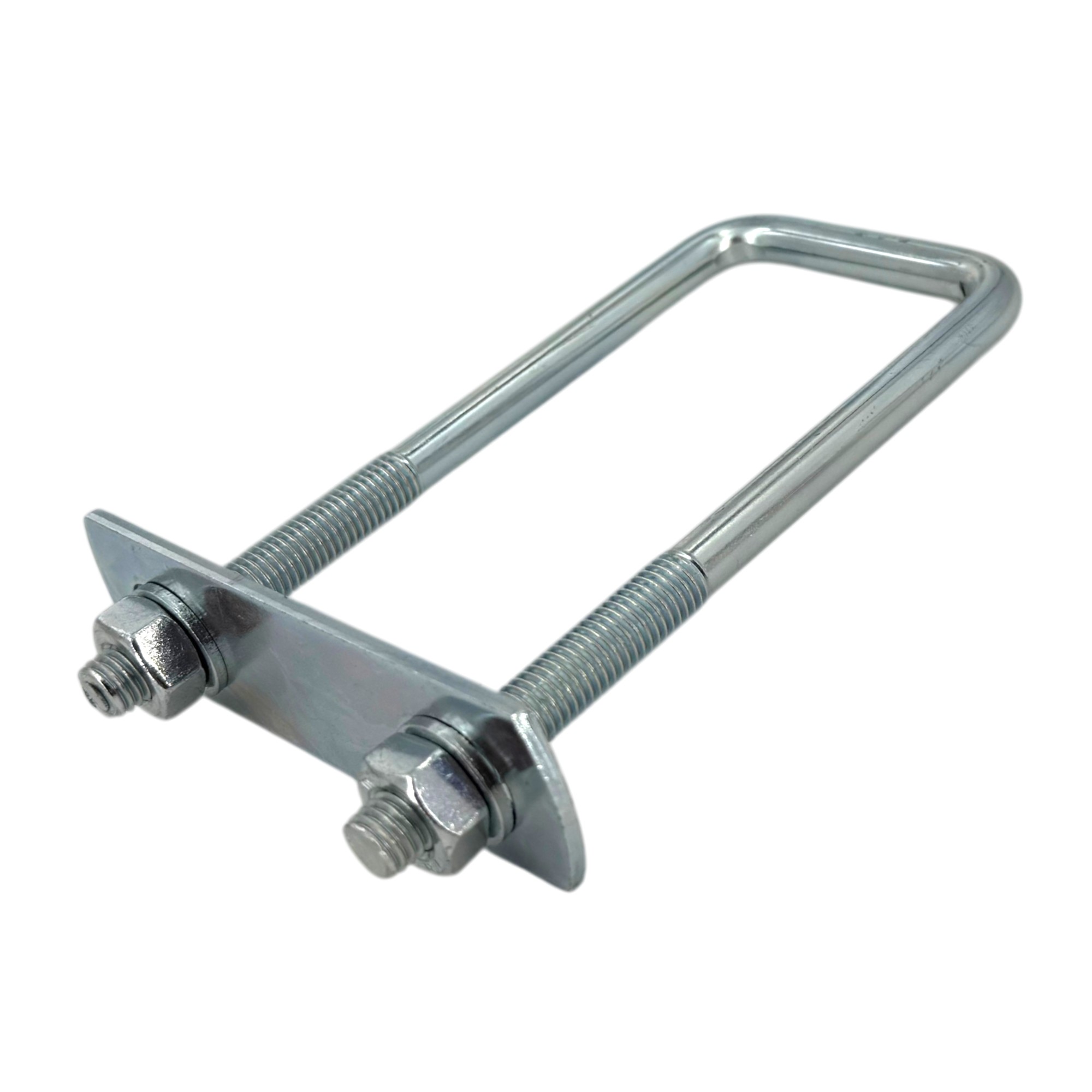 Glänzender Quadratrohrbügel / Rechteckbügel mit langen Schenkeln, ähnl. Typ 3575, inklusive Befestigungsplatte, Unterlegscheiben und Muttern für sichere Montage