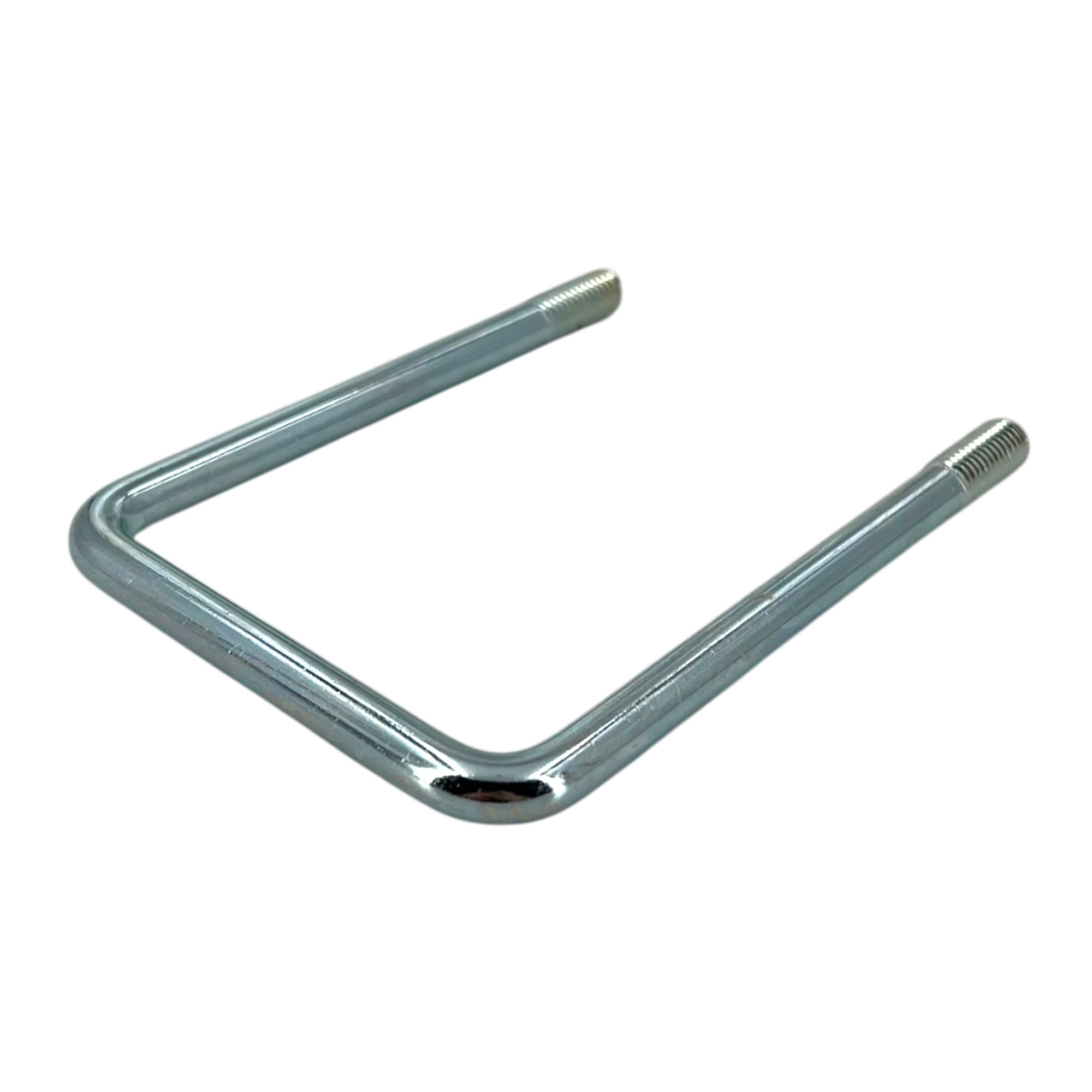 Rechteckbügel ähnl. Typ 3575 (80 x 120 mm), M10, Stahl verzinkt. Das U-förmige Bauteil aus glänzendem, silberfarbenem Stahl ist vor einem weißen Hintergrund abgebildet und zeigt die beiden Gewindeenden.