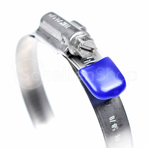 Edelstahl-Schlauchschelle 50-70mm mit blauer Schutzkappe Nahaufnahme einer Edelstahl-Schlauchschelle mit blauem Schutzüberzug über dem Schraubmechanismus und der Größenangabe 50-70 auf dem Band.