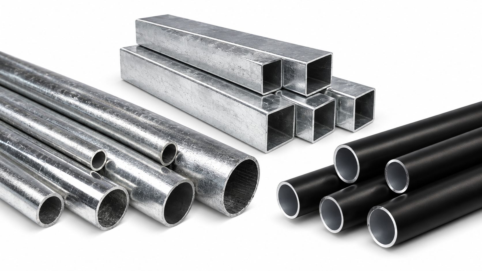Rohre Metallprofile: Eine Auswahl an verzinkten Rundrohren, verzinkten Vierkantrohren und schwarzen Rundrohren in verschiedenen Größen und Durchmessern auf weißem Hintergrund.