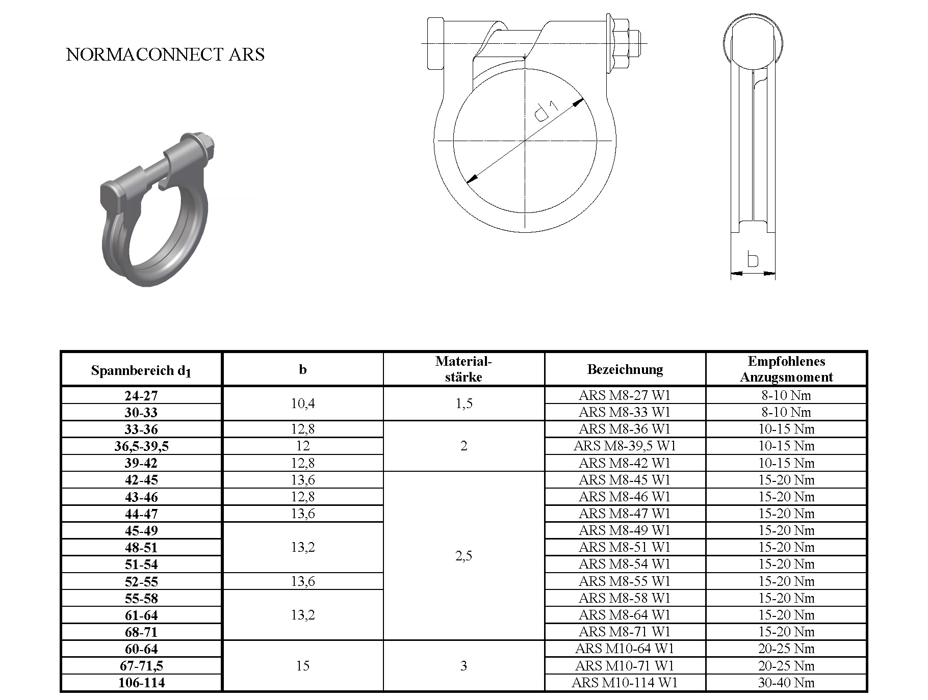 NORMA CONNECT ARS Abgasrohrschelle / Auspuffschelle ARS aus verzinktem Stahl. Produktinformationen umfassen technische Zeichnungen, Maße (Spannbereich d1, Breite b), Materialstärken, Modellbezeichnungen und empfohlene Anzugsmomente. NORMA CONNECT ARS Abgasrohrschelle / Auspuffschelle ARS aus verzinktem Stahl. Die Abbildung zeigt das Produkt in einer 3D-Ansicht, einer technischen Zeichnung und einer Spezifikationstabelle mit Größen und Anzugsmomenten.