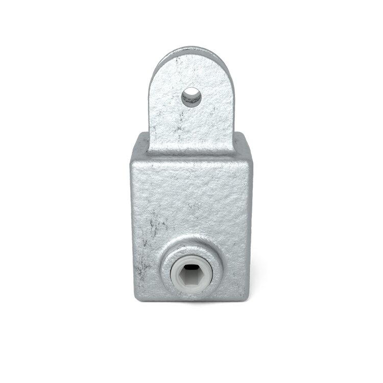 Rohrverbinder Gelenkhalter - Typ 42S aus verzinktem Metall, mit oberem Gelenkbügel und seitlicher Sechskantaufnahme.