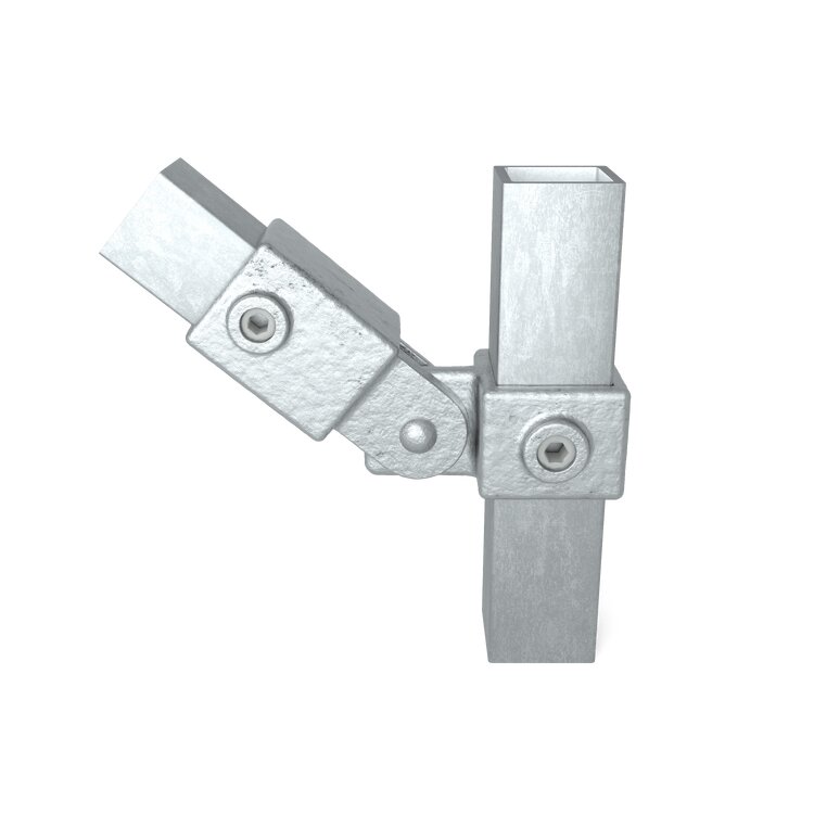 Rohrverbinder Gelenkstück, einfach - Typ 44S aus verzinktem Metall, das zwei Vierkantrohre flexibel in einem Winkel verbindet. Mit sichtbaren Befestigungsschrauben.
