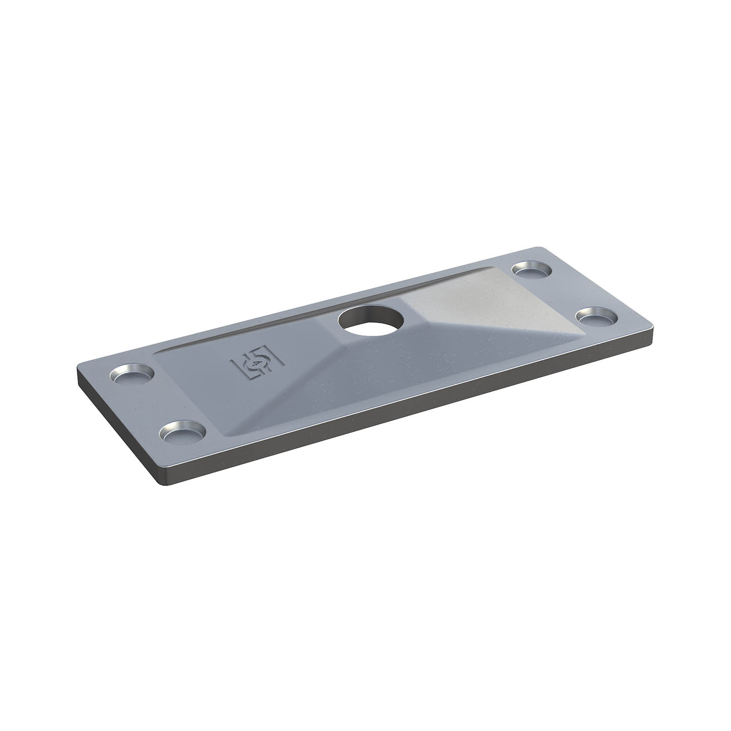 Rechteckige, silbergraue Metall-Deckplatte mit einem großen zentralen Loch, vier kleineren Befestigungslöchern an den Ecken und einem eingeprägten Logo.