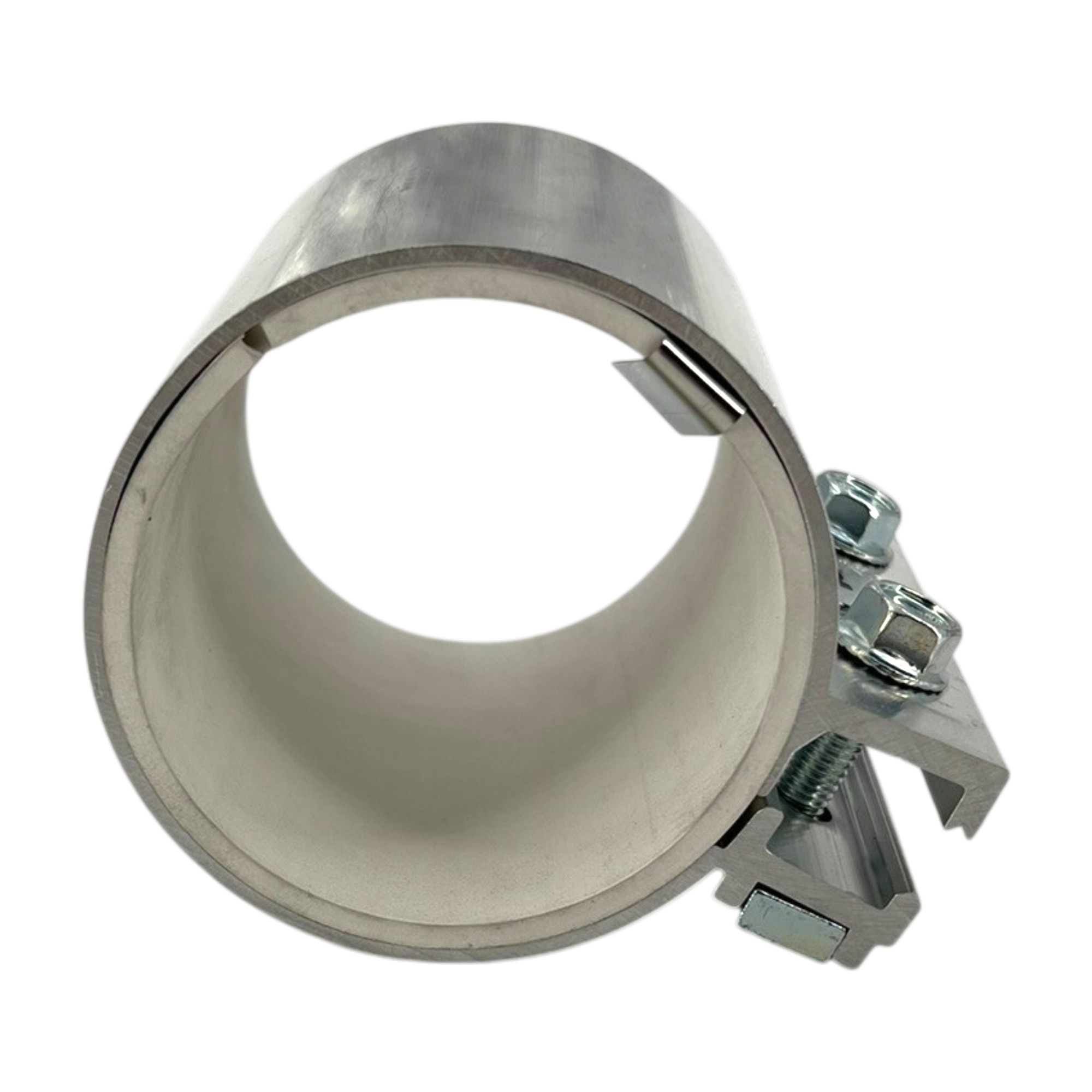 ALU-Rohrkupplung DVK 6 aus silberfarbenem Aluminium, zylindrisch, mit einem seitlichen Klemmmechanismus und zwei sichtbaren Schrauben, auf weißem Hintergrund. Die Kupplung hat einen Durchmesser von 75,0 mm und eine Länge von 100 mm und ist mit einem Erdun