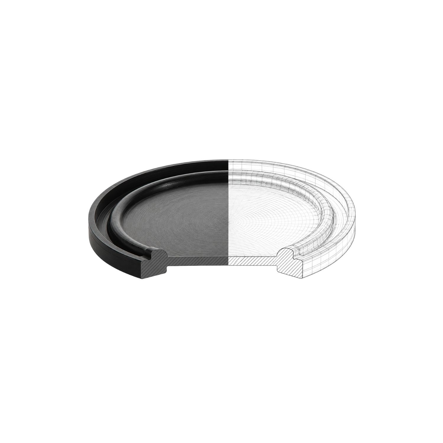 Querschnitt einer schwarzen Blinddichtung mit Lippe DIN 32676 Reihe A/B/C (ISO 1127 / ISO 2852), dargestellt als Kombination aus solidem Modell und Drahtgittermodell.
