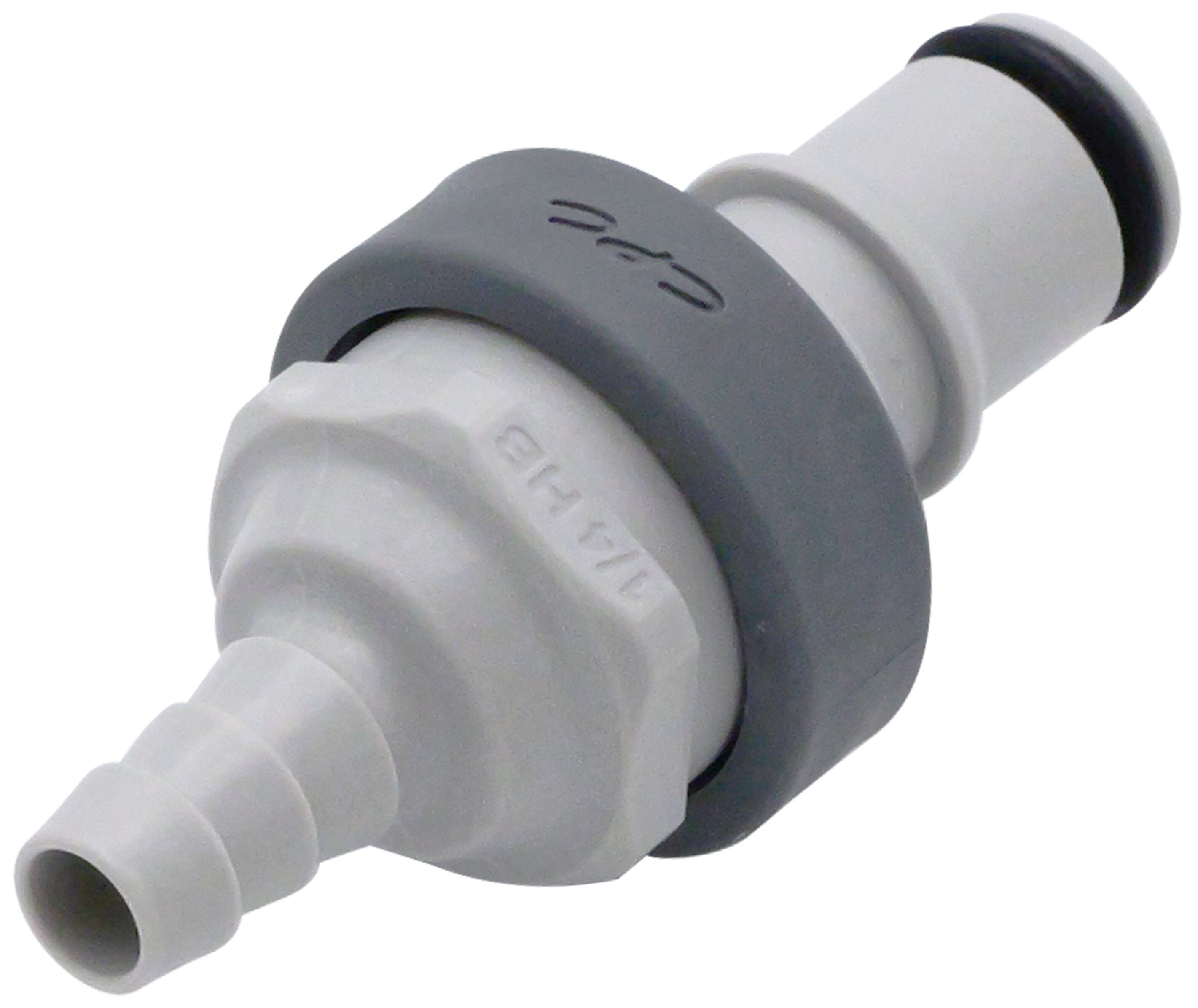 NS4D22004 CPC Stecker für 6,4 mm Schlauchanschluss, hellgrau, mit Absperrventil und schwarzer EPDM-Dichtung