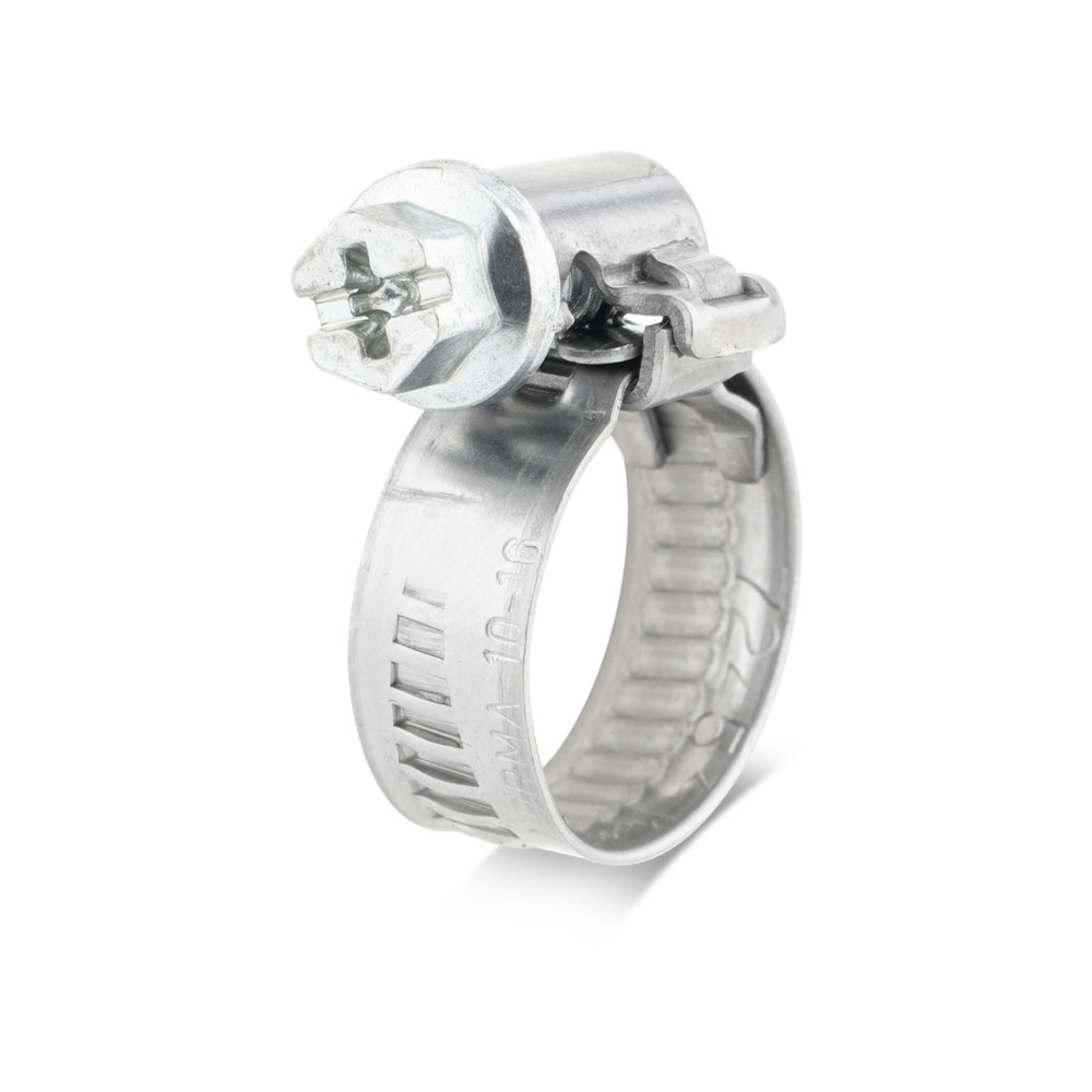 Robuste Edelstahl-Schlauchschelle mit Kreuzschlitzschraube zur sicheren Befestigung von Schläuchen und Rohren im Bereich von 10-16 mm. Silberne Schneckengewindeschelle aus Metall, für Schläuche von 10-16mm Durchmesser.