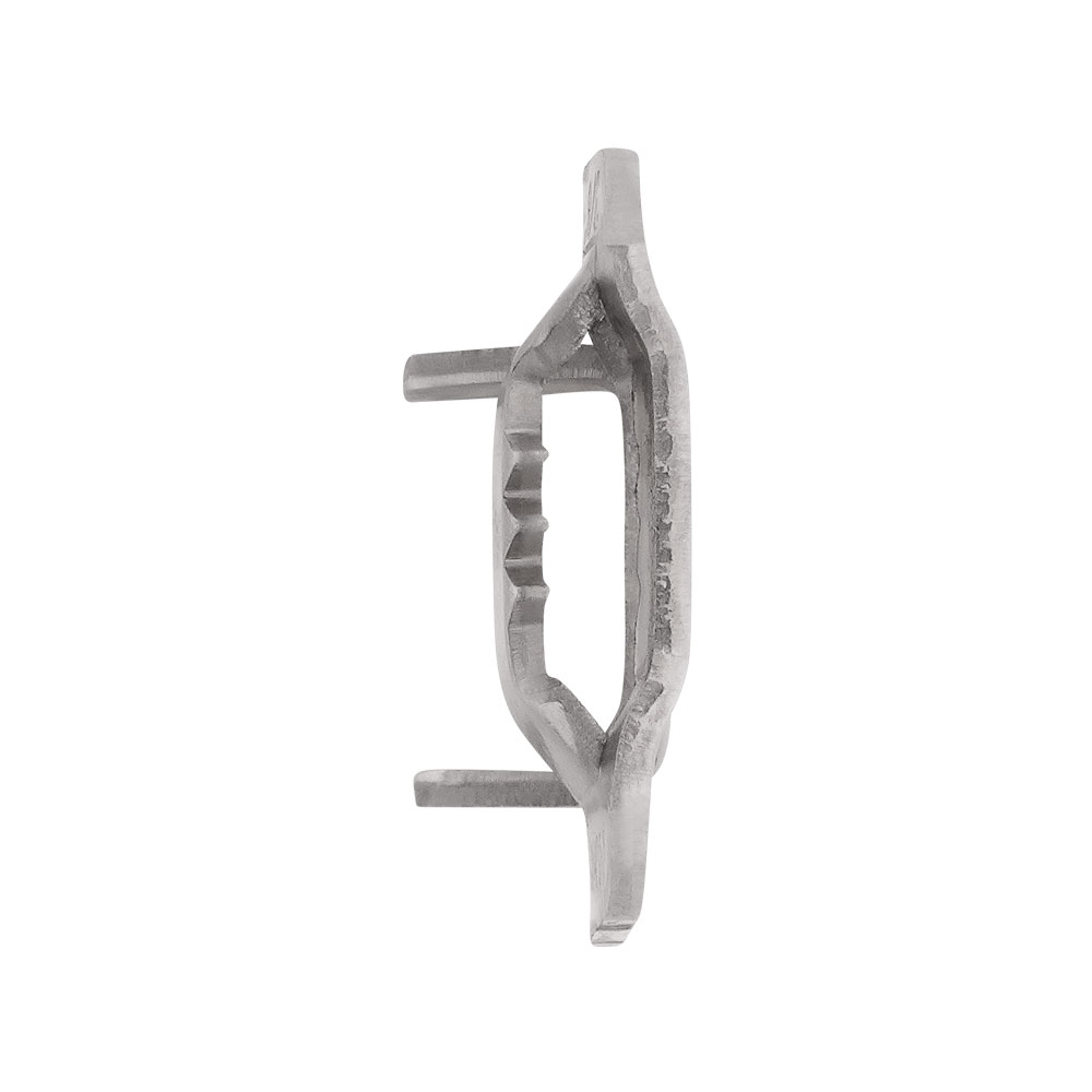 Endlosband Binder Verschluss NB-D: Robuster Metallverschluss zum sicheren Spannen und Fixieren von Endlosbändern. Seitenansicht des Endlosband Binder Verschluss NB-D aus grauem Metall mit einer geriffelten Innenseite zur Bandführung.