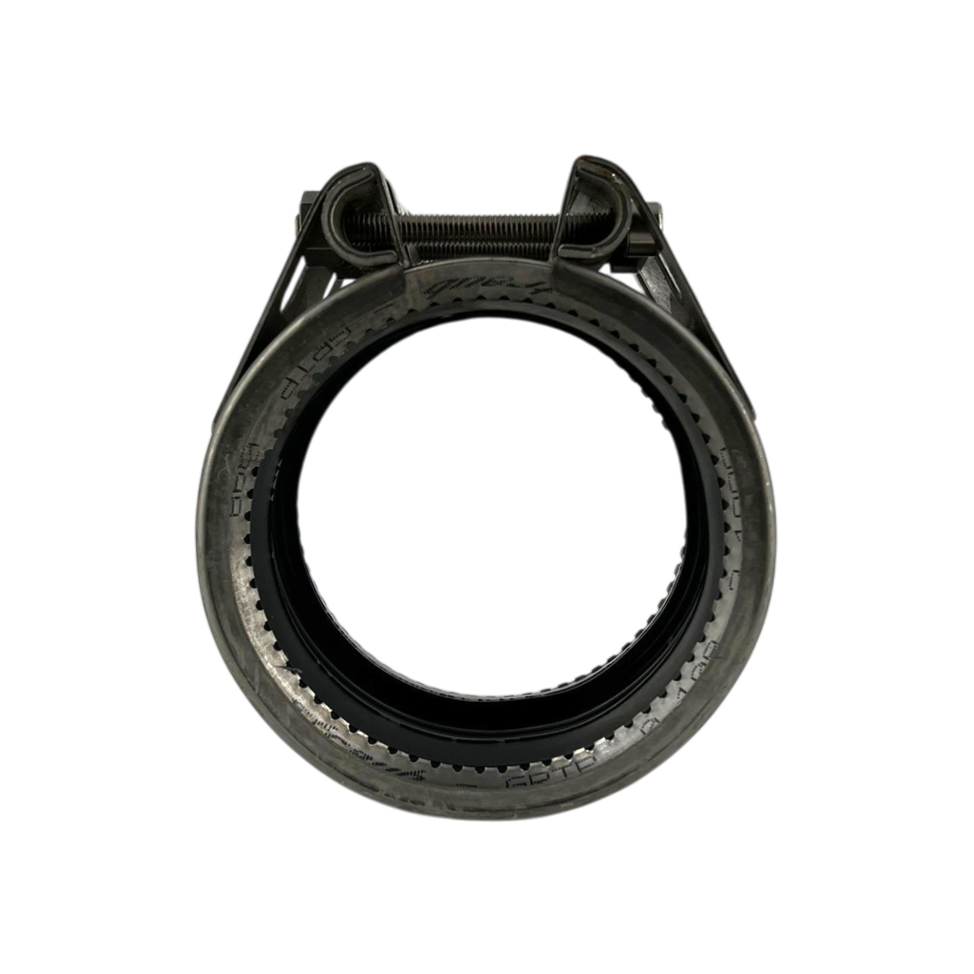 Straub Rohrkupplung Grip W4 108,0 mm NBR PN16, eine robuste, runde Metallkupplung mit sichtbarem Schraubverschluss und schwarzer Innendichtung, frontal abgebildet.