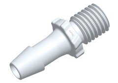 Weiße GS620 CPC Einschraubtülle aus Acetal mit 5/16-UNF-Außengewinde und einem 4,8 mm Schlauchanschluss.