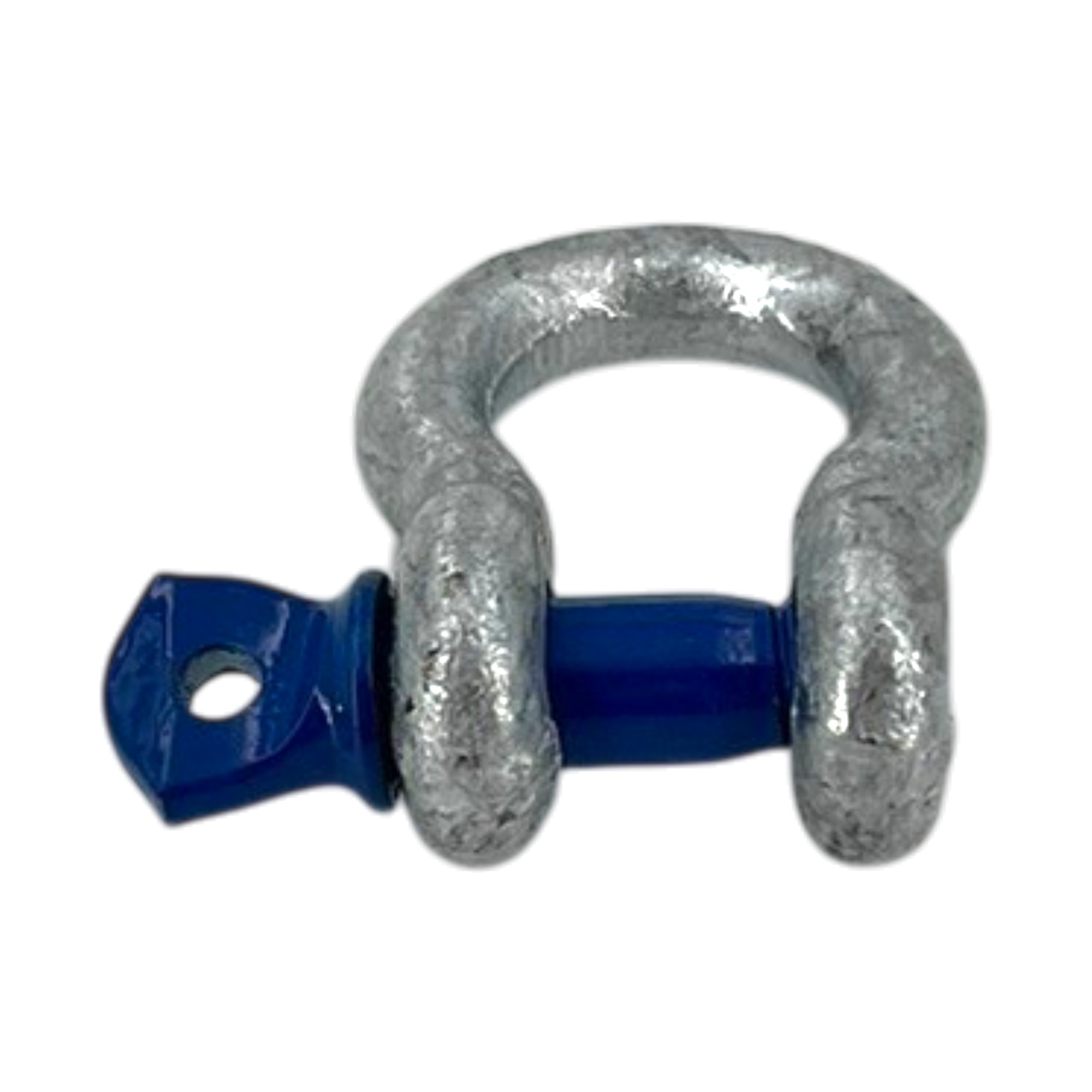 Verzinkter geschweifter Schäkel, 8 mm (5/16"), Form G 209, 0,75t, mit blauem Bolzen.