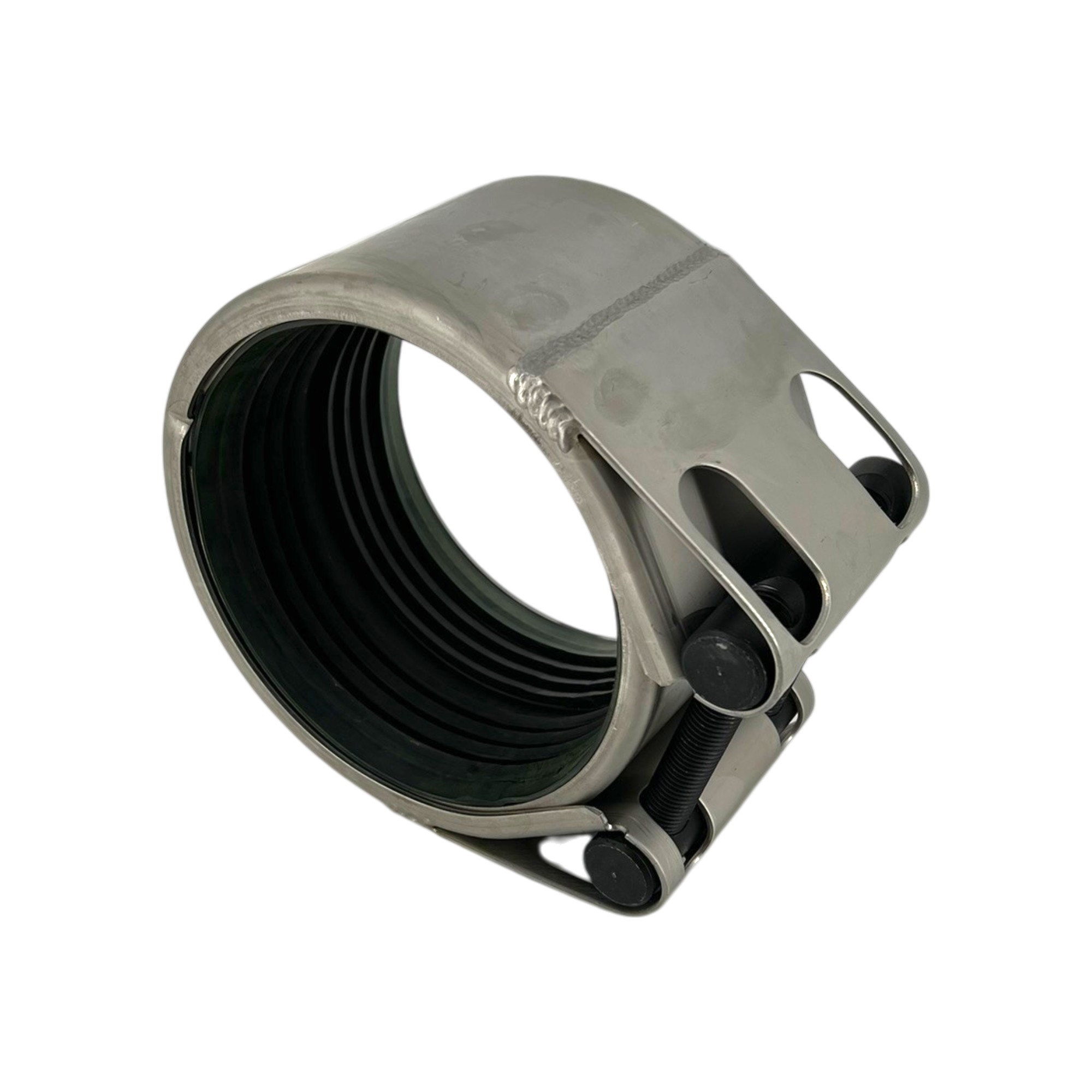 Teekay Rohrkupplung Grip E W2 159,0 mm, EPDM, PN16. Eine silberne Edelstahl-Rohrkupplung mit sichtbarer schwarzer EPDM-Dichtung im Inneren und zwei seitlichen Spannbolzen auf weißem Hintergrund.