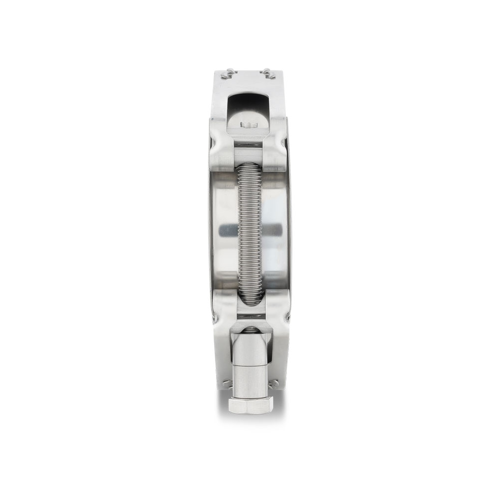 30mm breite Gelenkbolzenschelle NORMA GBS – Hochwertige Klemme aus Metall mit starkem Spannverschluss. 30mm breite Gelenkbolzenschelle NORMA GBS, seitliche Ansicht der robusten Metallklemme mit sichtbarem Spannbolzen und Gelenk.