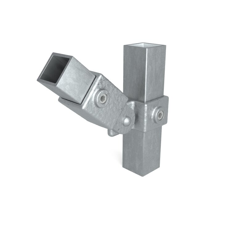 Rohrverbinder Gelenkstück, einfach - Typ 44S: Silberner, verzinkter Metallverbinder mit Schwenkgelenk, der zwei Vierkantrohre in einem Winkel verbindet.