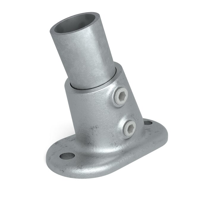 Rohrverbinder Bodenbefestigung variabel Typ 12U aus silberfarbenem Metall, mit einer ovalen Grundplatte und einem schrägstehenden Rohreinsatz, der einen Winkel von 11 bis 30 Grad ermöglicht, befestigt mit zwei Inbusschrauben.