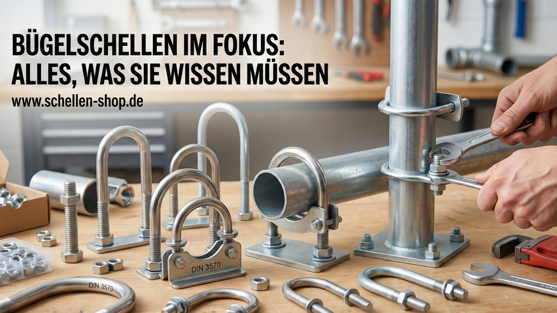 Eine Person befestigt Bügelschellen an Metallrohren auf einer Werkbank, umgeben von einer Auswahl an U-Schellen und weiterem Befestigungsmaterial. Bügelschellen im Fokus – entdecken Sie unser Sortiment.