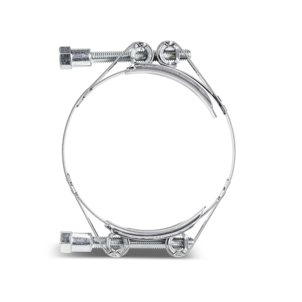 Zweiteilige Gelenkbolzenschelle NORMA GBS DIN 3017-2 für hohe Belastungen und sichere Rohr- oder Schlauchverbindungen. Robuste zweiteilige Gelenkbolzenschelle NORMA GBS DIN 3017-2 aus glänzendem Metall auf weißem Hintergrund.