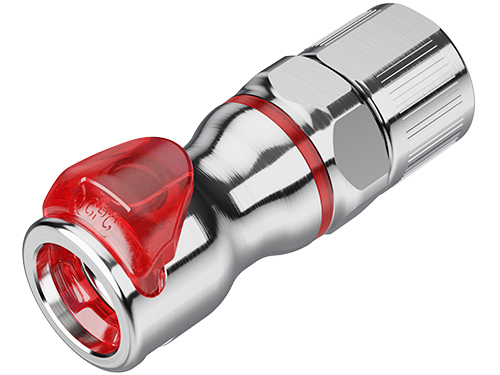 LQ6D13008RED - Rote EPDM Kupplung (9,5 mm ID / 12,7 mm AD) aus glänzendem Metall mit Klemmringverschraubung und integriertem rotem Absperrventil.