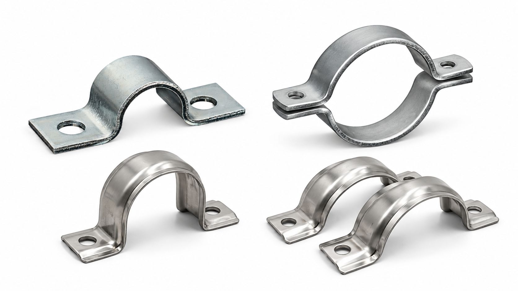 Verschiedene Halbschellen aus Metall: Eine verzinkte U-Schelle, eine aus zwei Halbschellen geformte Rohrschelle aus Edelstahl sowie weitere einzelne Edelstahl-Halbschellen.