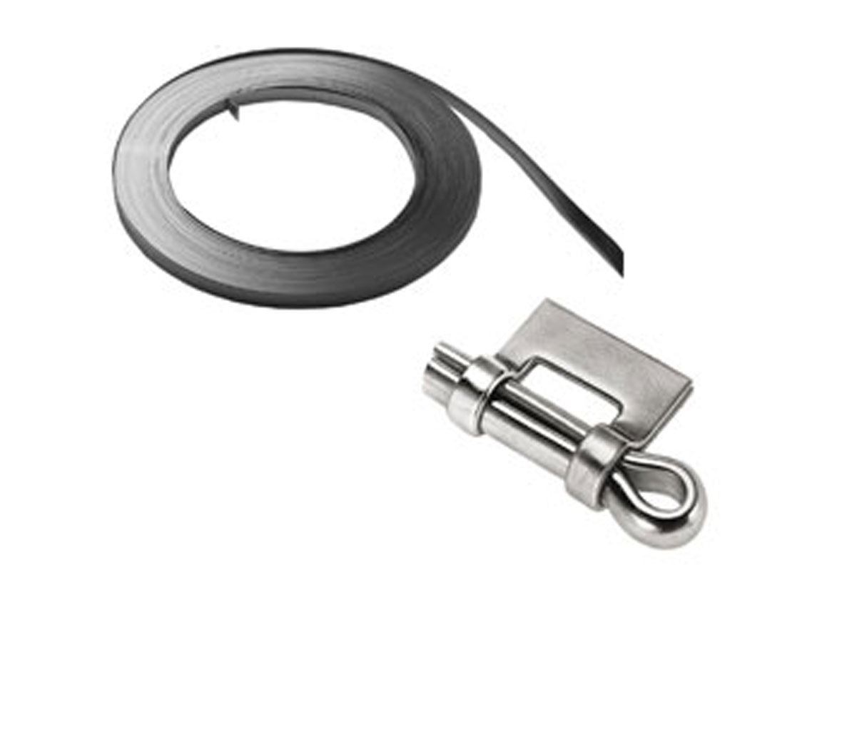 5mm Spannband und Spannverschluss aus Metall Rolle Spannband 5 mm breit und silberne Metallklemme auf weißem Hintergrund.