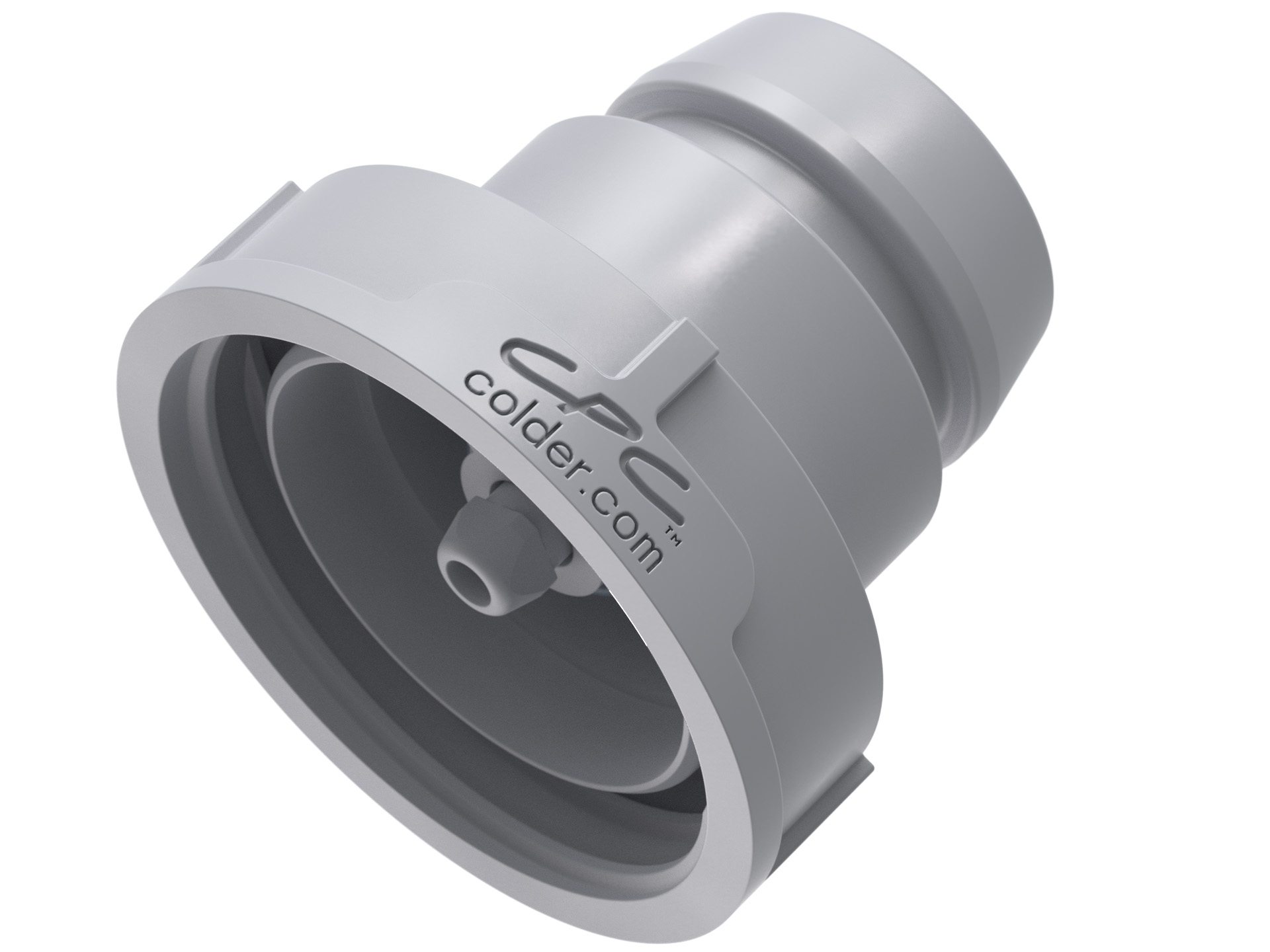 Graue 38 mm Dosierkappe 97400 von colder.com mit integriertem Absperrventil und FDA-EPDM O-Ring, ohne Gewinde-Dichtung, auf weißem Hintergrund.