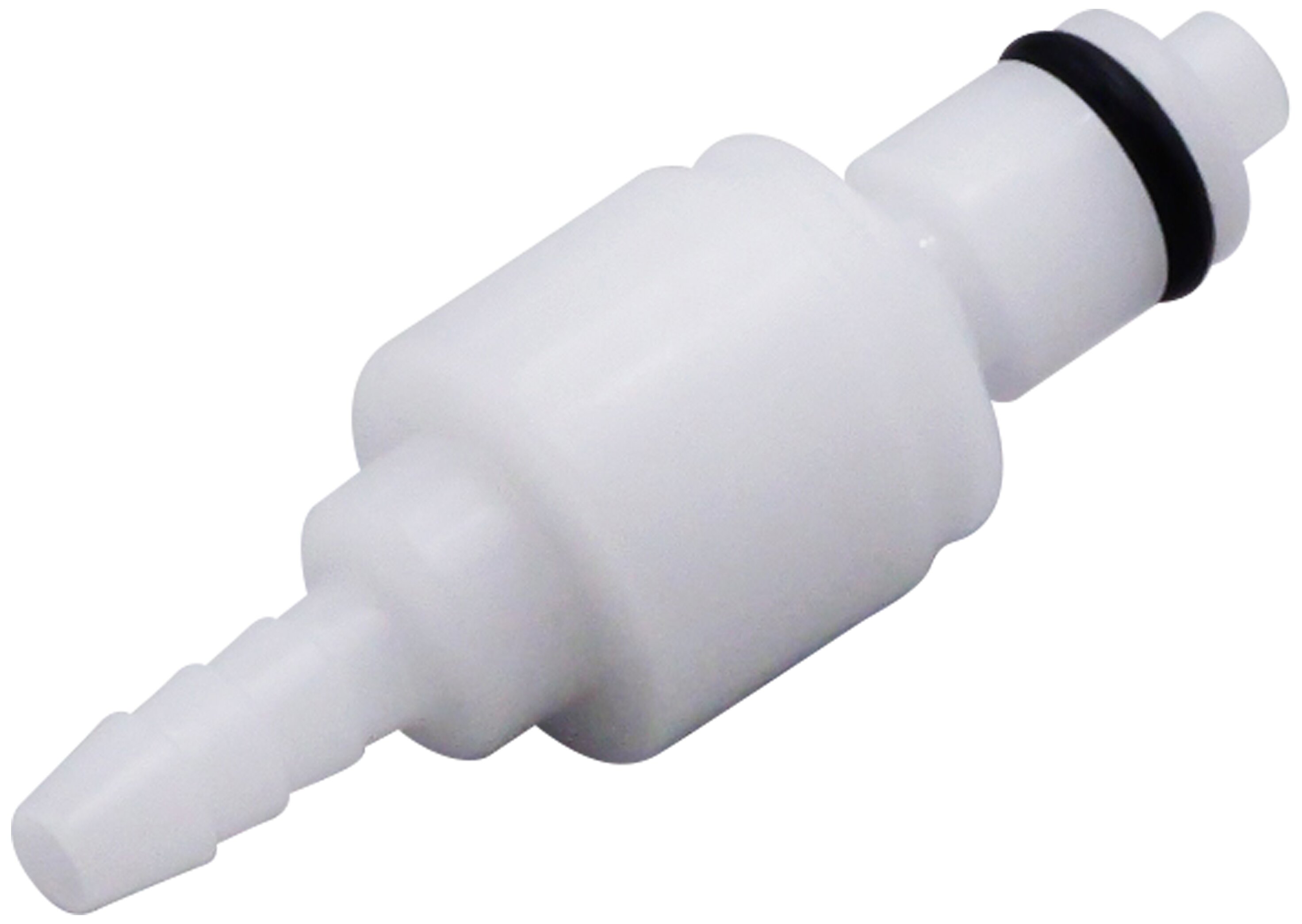 Weißer PMCD2202 Stecker mit 3,2 mm Schlauchanschluss, integriertem Absperrventil und schwarzer Buna-N Dichtung.