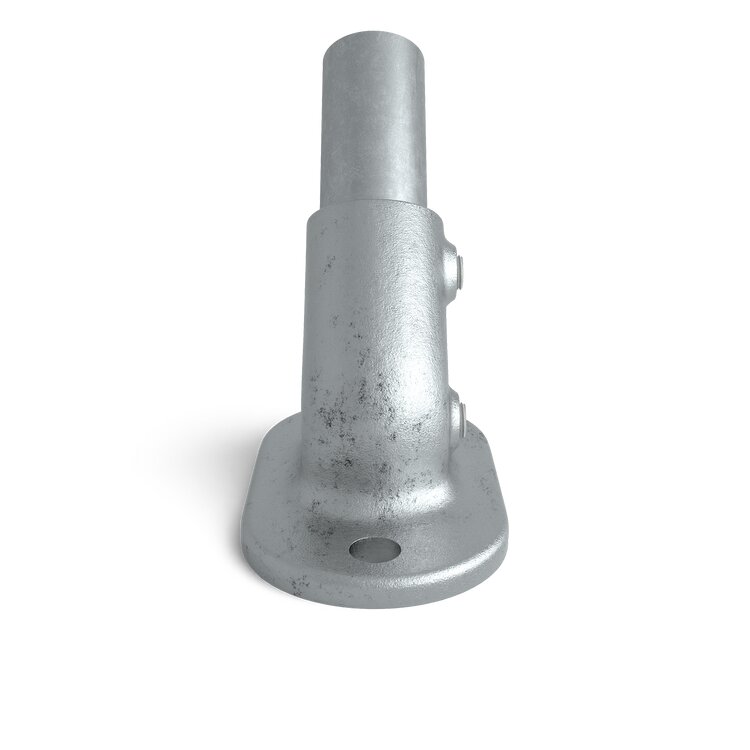 Rohrverbinder Bodenbefestigung variabel Typ 12X aus silberfarbenem Metall, für Winkel 45-60 Grad, mit flacher Montageplatte und Klemmschrauben.