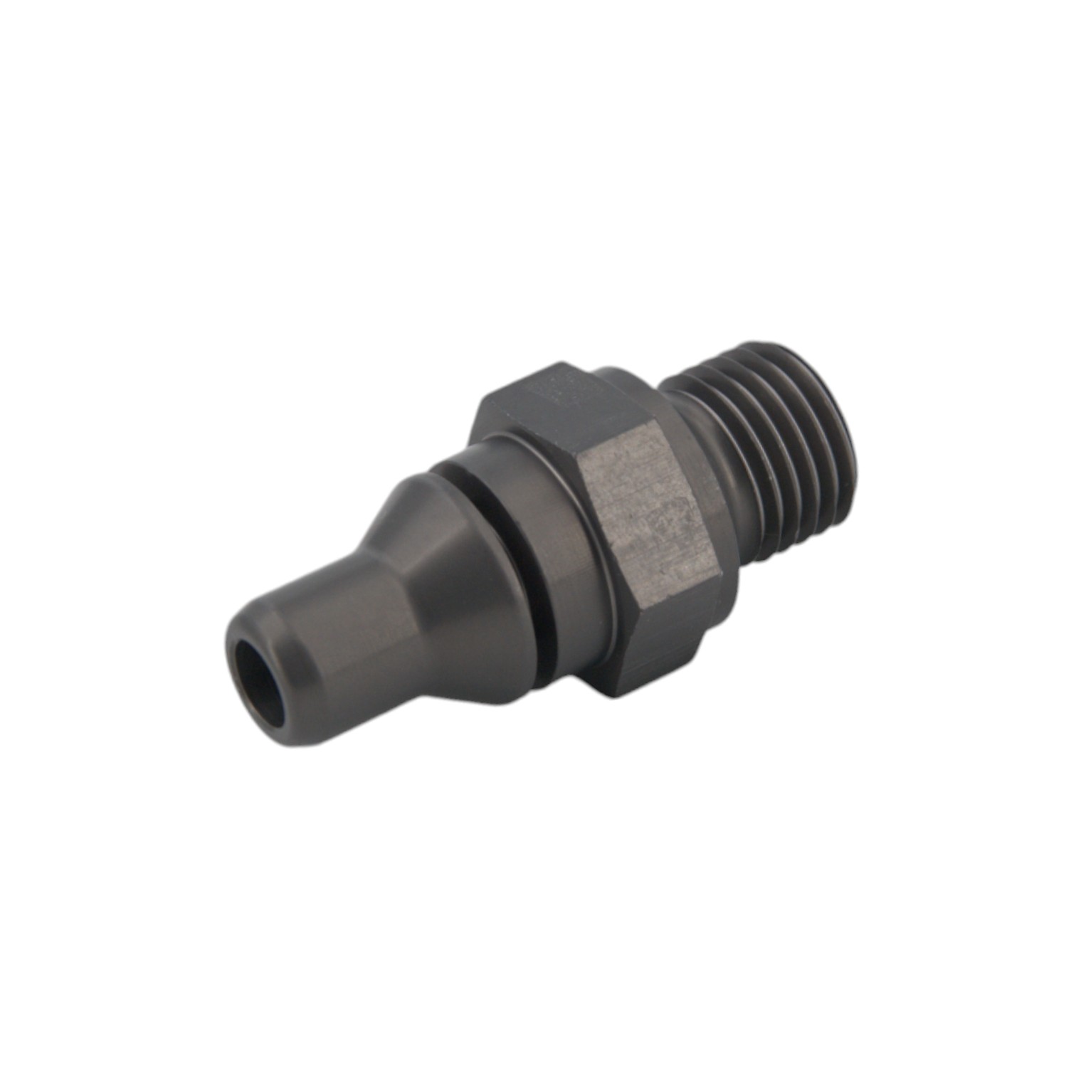 VDA-Einschraub-Stecknippel NW 06 - M14x1.5 Dunkler VDA-Einschraub-Stecknippel NW 06 - M14x1.5 aus Metall, mit einem konischen Steckanschluss und einem metrischen Außengewinde mit Sechskant.