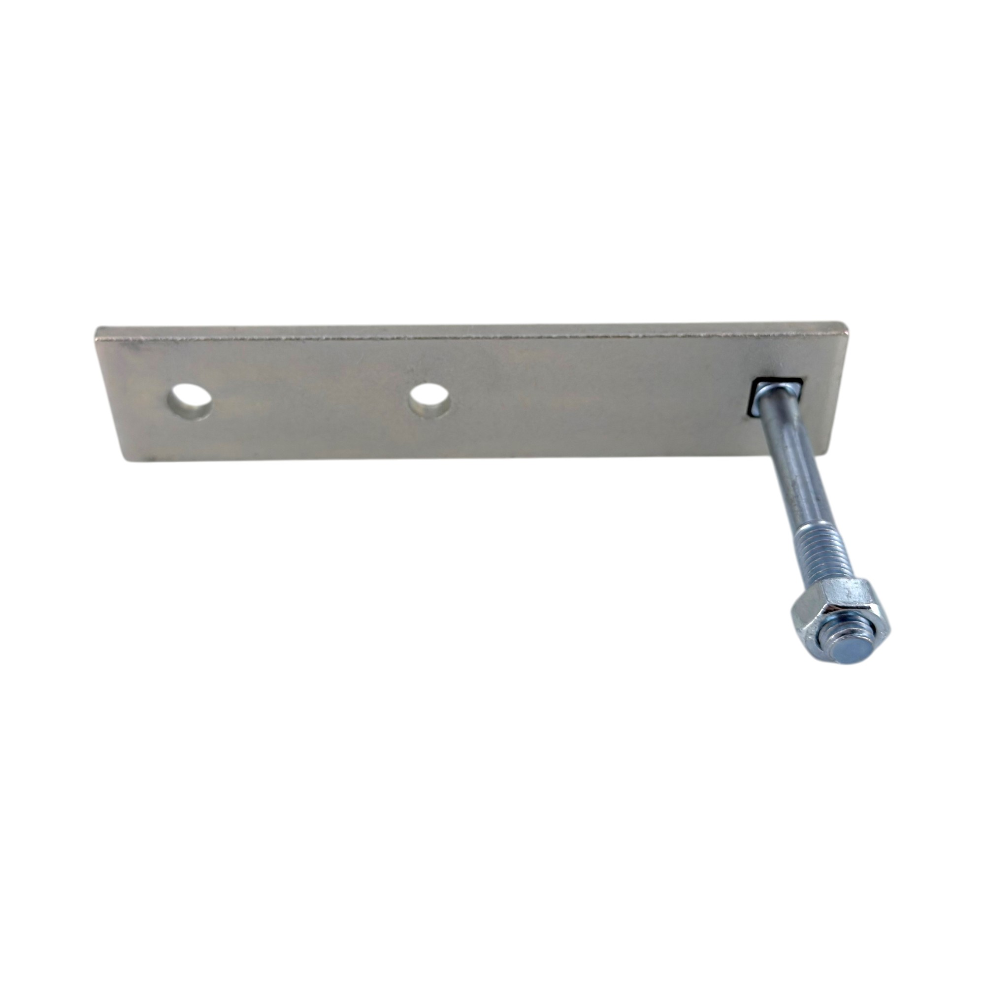 Zaunanfangshalter aus verzinktem Stahl mit Flachstahl und Schlossschraube. Die rechteckige Metallplatte hat zwei Befestigungslöcher und eine durch eine Mutter gesicherte Schlossschraube.