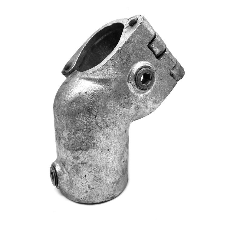 Rohrverbinder T-Stück / 45°-T-Verbinder Ø 48,3mm, Typ 3O: klappbarer Metallverbinder in kurzer Ausführung, auf weißem Hintergrund.