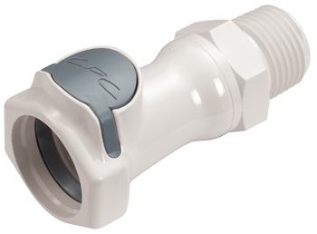 HFCD10835 - CPC Schnellverschlusskupplung 1/2 Zoll NPT Außengewinde, mit Absperrventil und EPDM-Dichtung. Die weiße Kupplung mit grauem Entriegelungshebel ist schräg von oben rechts auf weißem Hintergrund abgebildet.